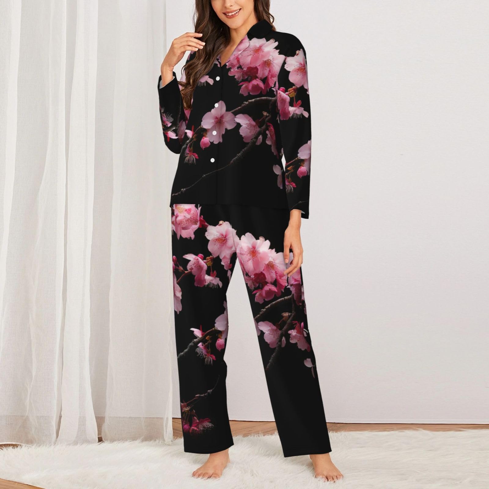 Pigiama a maniche lunghe da donna con stampa di fiori di ciliegio giapponesi set da notte accogliente abbigliamento da notte loungewear quotidiano