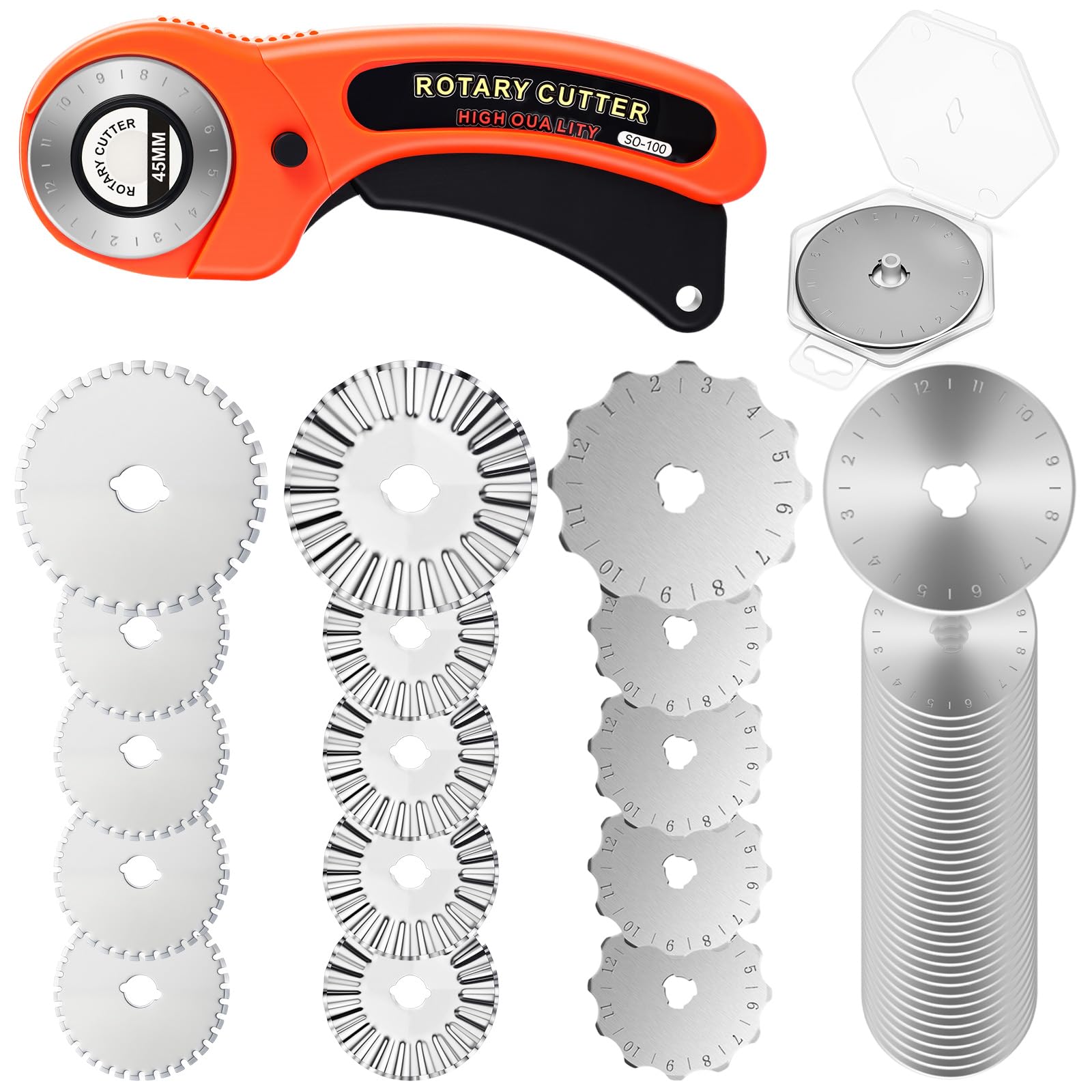 45 mm Rollschneider für Stoff mit 50 Stück Rotationsklingen, Ersatz-Zackenschneider, Zackenschneider für Stoffschneiden, Leder, Basteln, Nähen, Quilten