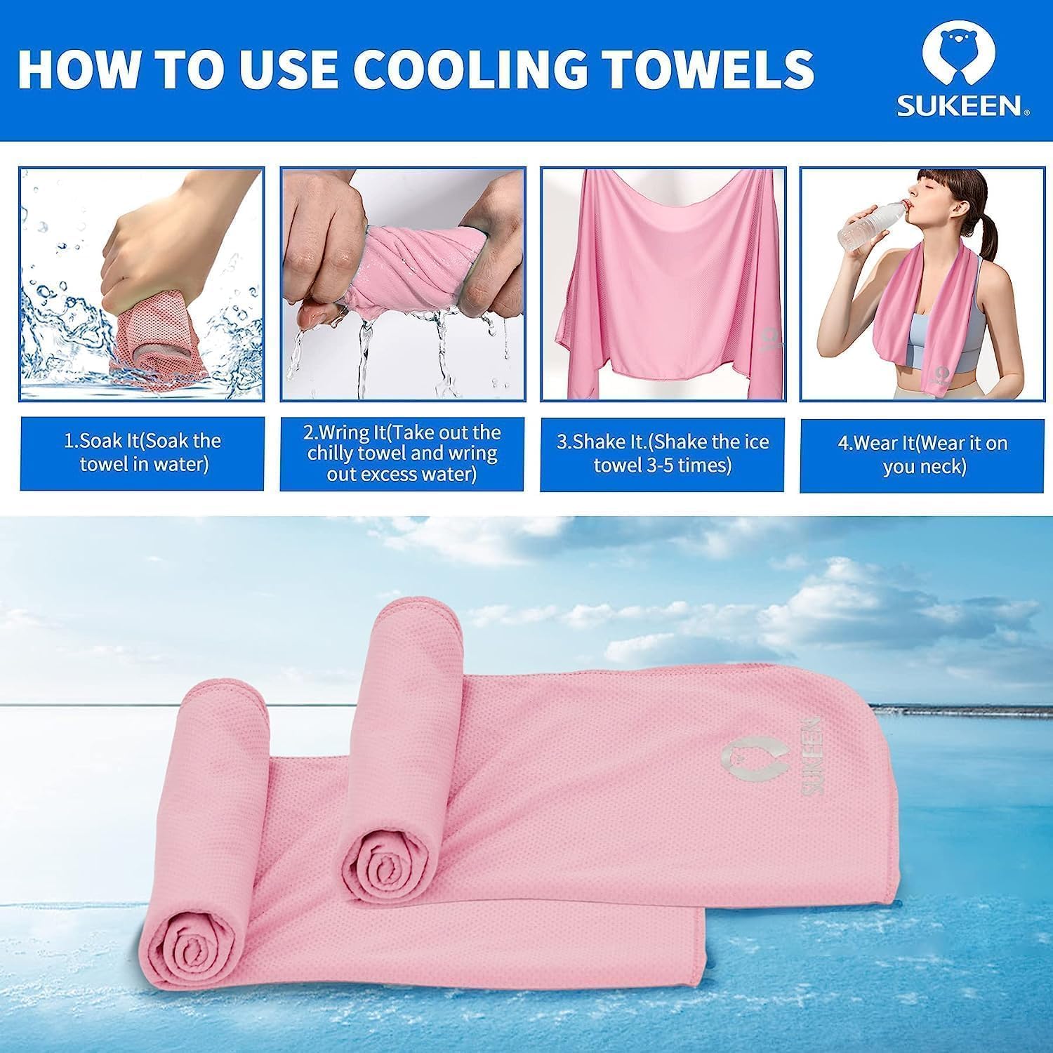 Sukeen Lot de 6 Serviettes rafraîchissantes en Microfibre Douces et Respirantes pour Yoga, Sport, Gym, entraînement, Camping, Fitness, Course à Pied et Autres activités, 102 x 30,5 cm