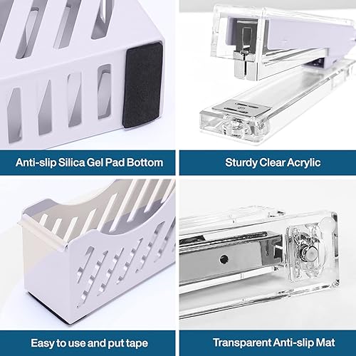 Miniatura 5 de MEGREZ Kit de grapadoras de escritorio, grapadora de metal acrílico con 1000 grapas, juego de suministros de oficina con dispensador de cinta,