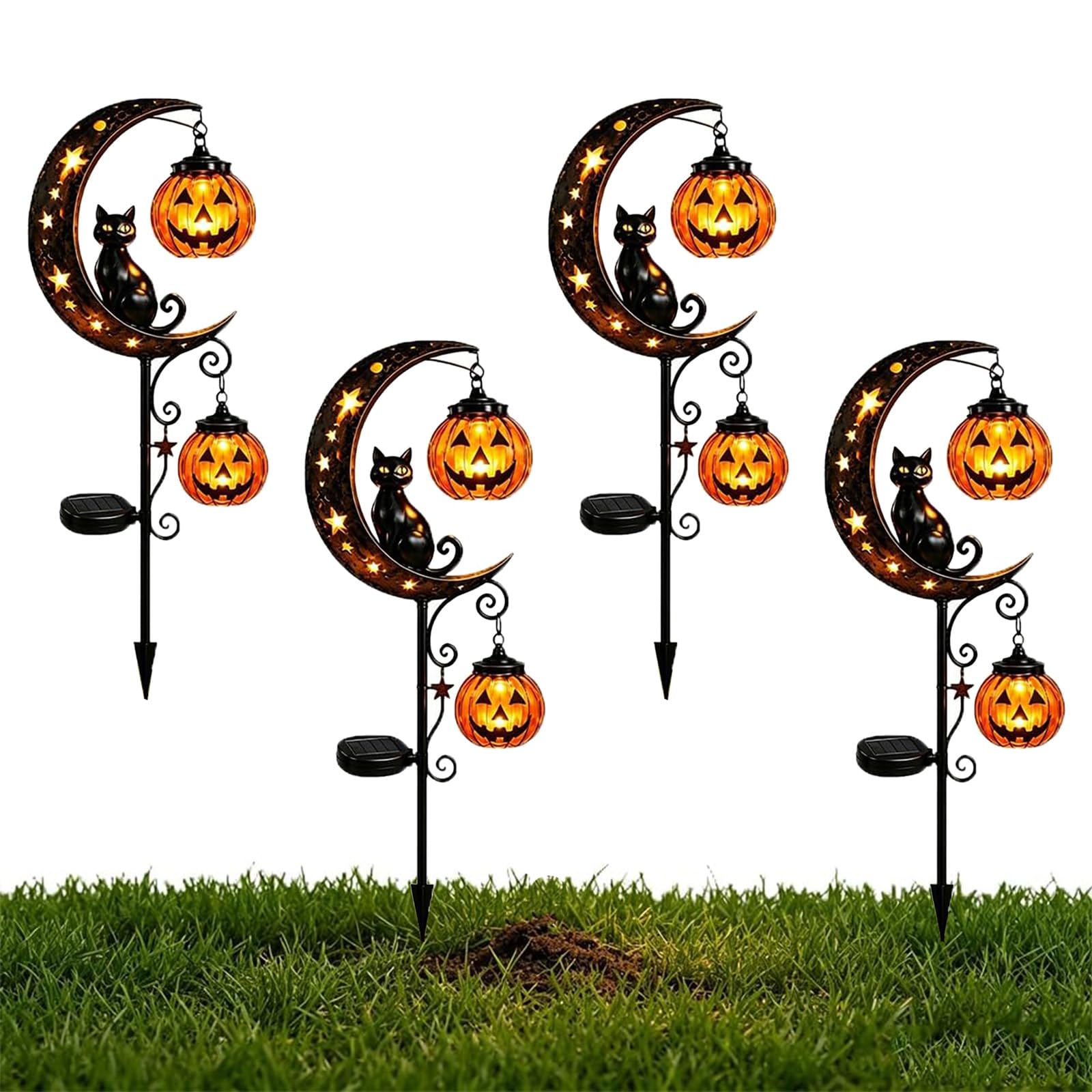 Pealeaf Solar Halloween Black Cat & Pumpkin Moon Garden Stake Light, Outdoor Waterproof LED Yard Decoration with Crescent Moon, Hanging Jack-o'-Lantern Lantern for Garden, Patio, Walkway, Porch (A4)