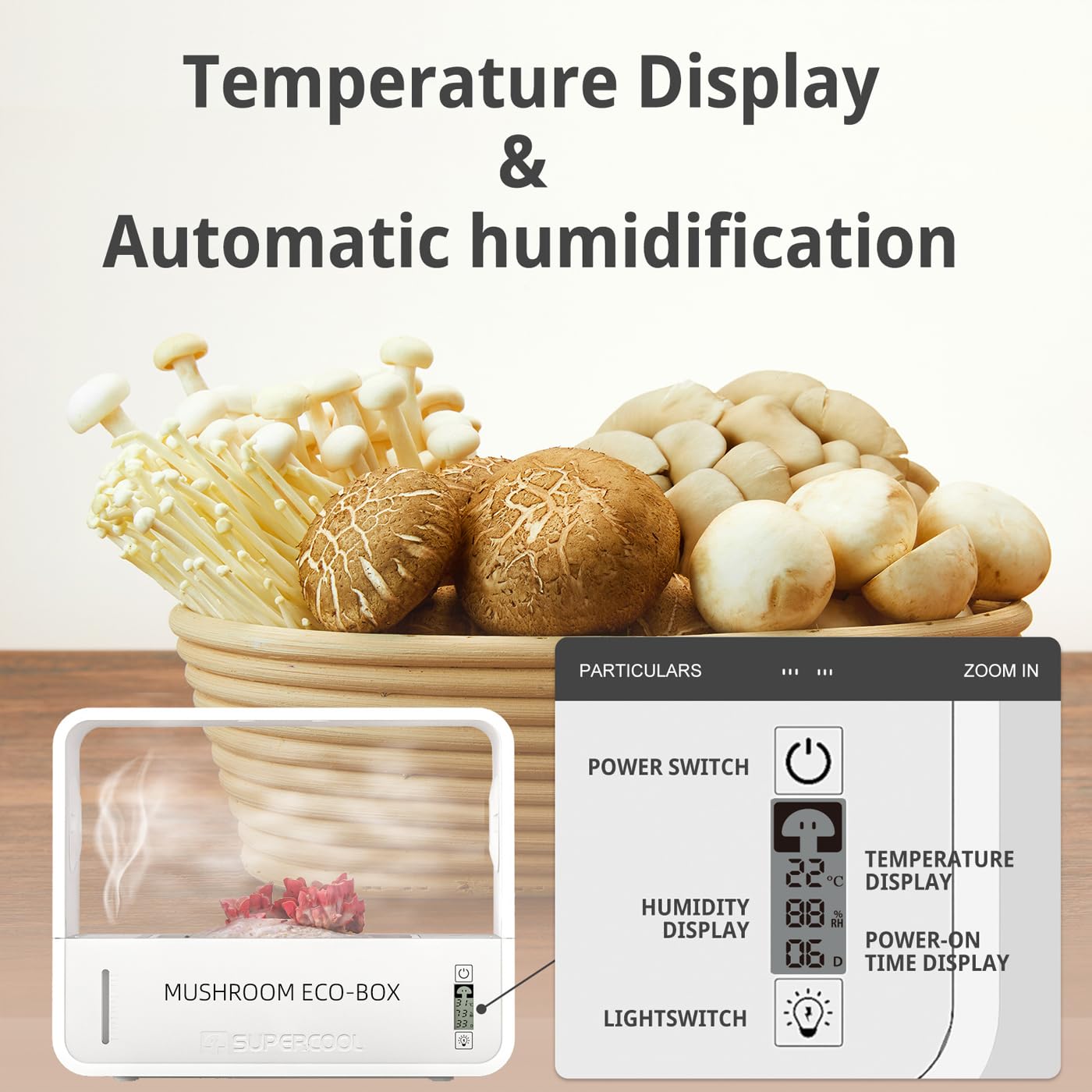 Kit de culture de champignons avec surveillance de la température, humidification automatique, filtre intégré, lumière réglable et affichage numérique pour la culture à la maison