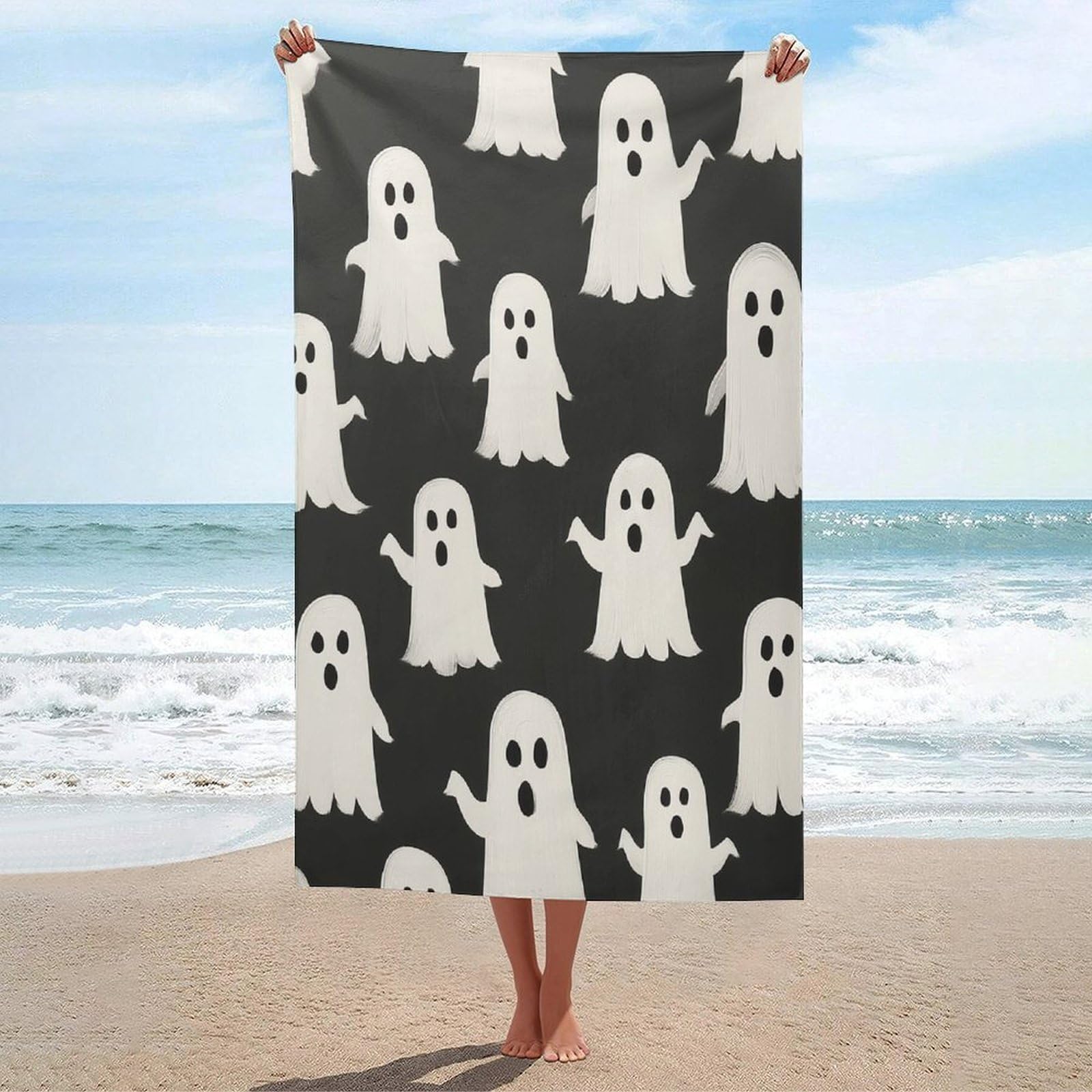 LSRCPD White Ghosts on Black Beach Towel Sand Free Microfiber Large Shower Towels Multipurpose Absorbent for Bathroom Pool 130x80 CM