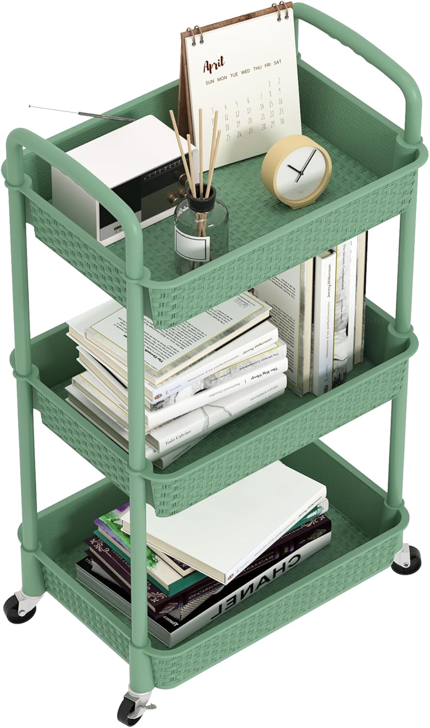 MOYIPIN 3-Tier Plastic Rolling Utility Cart with Handle,Utility Storage Cart for Office, Living Room, Kitchen,Movable Storage Organizer Shelves,Green Green 3-Tiers