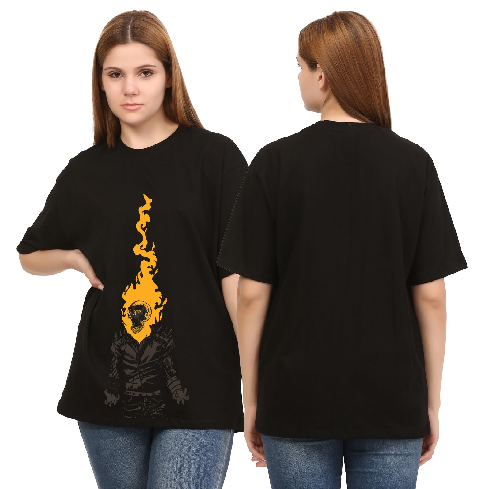 Burning Skull Oversized Black Tshirt for Women and Men Drop Shoulder Unisex Baggy Loose Fit Cotton T-Shirts-image-11