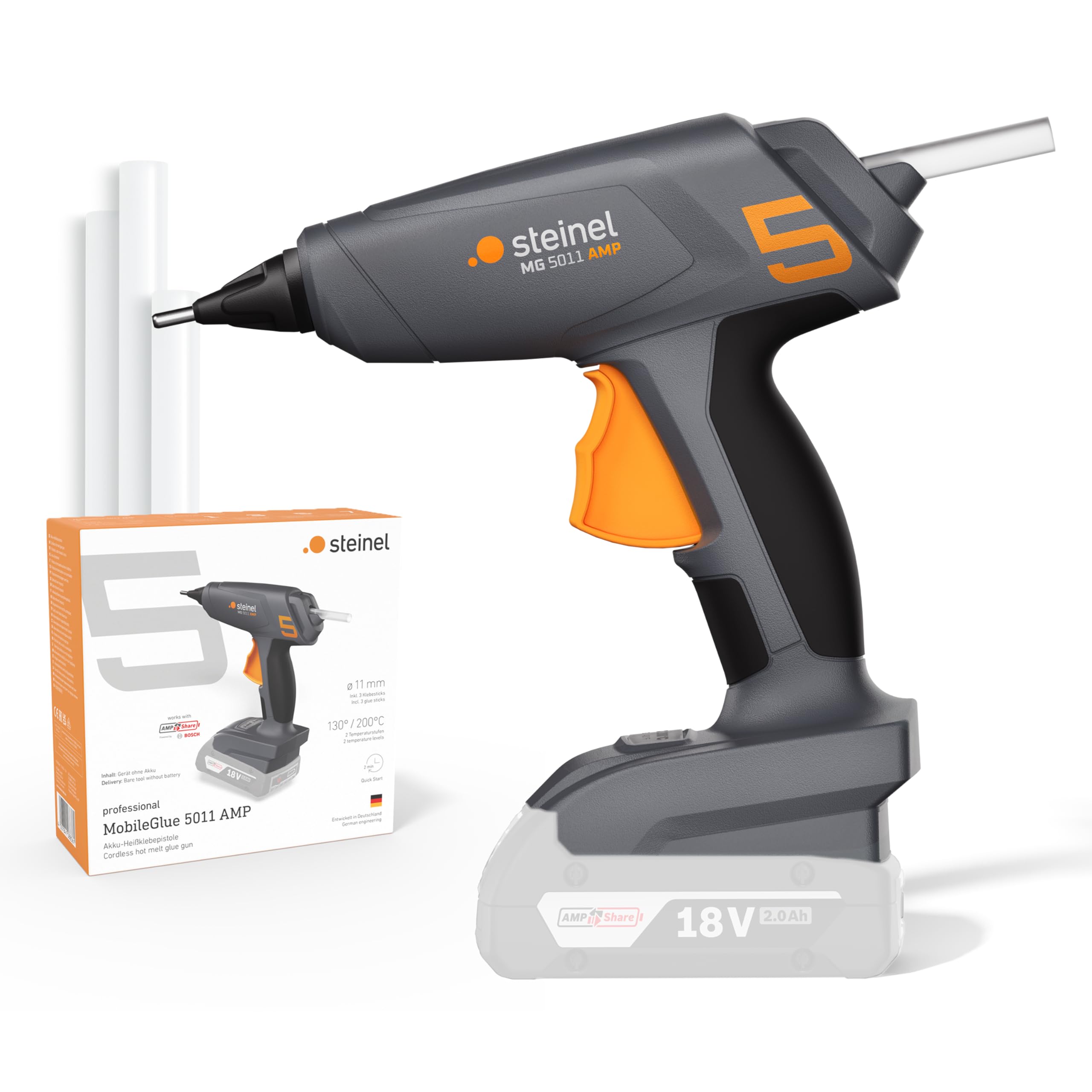 Steinel Akku Heißklebepistole MobileGlue 5011, für 18V Bosch AMPShare Akku, inkl. 3x Heißklebesticks, 2 Temperaturstufen 130°/200°C