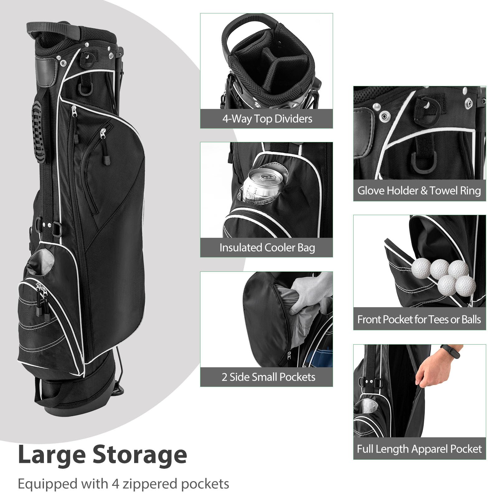 LIFEZEAL Golftasche, Tragbare Golfschlägertasche mit 4-fachen Trennwänden, Golf Stand Bag mit Verstellbarer Schultergurte, Leichte Standtasche für Herren & Frauen, Schwarz