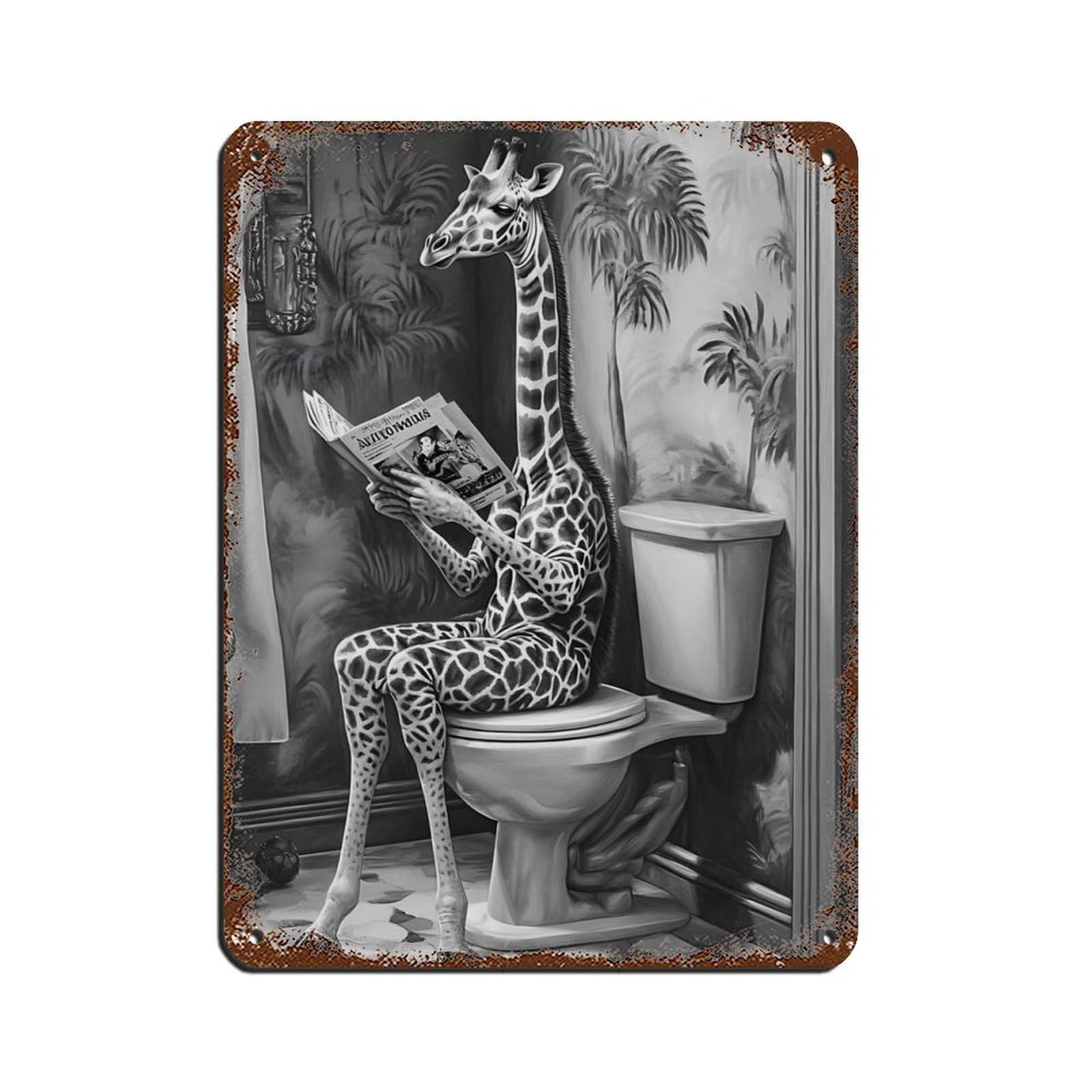 Lxwnze 30L X 40W Cm Giraffe Reading Newspaper Bathroom Tin Sign Vintage Metal Pub Club Cafe Bar Home Wall Art Decoration Poster Retro 12X16inch(30X40cm)
