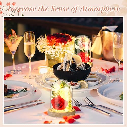 Miniatura 4 de Roowest 6 unidades de cúpula de plástico Cloche con base de madera rústica y luz LED cúpula de plástico para decoración de mesa de boda rosa centro