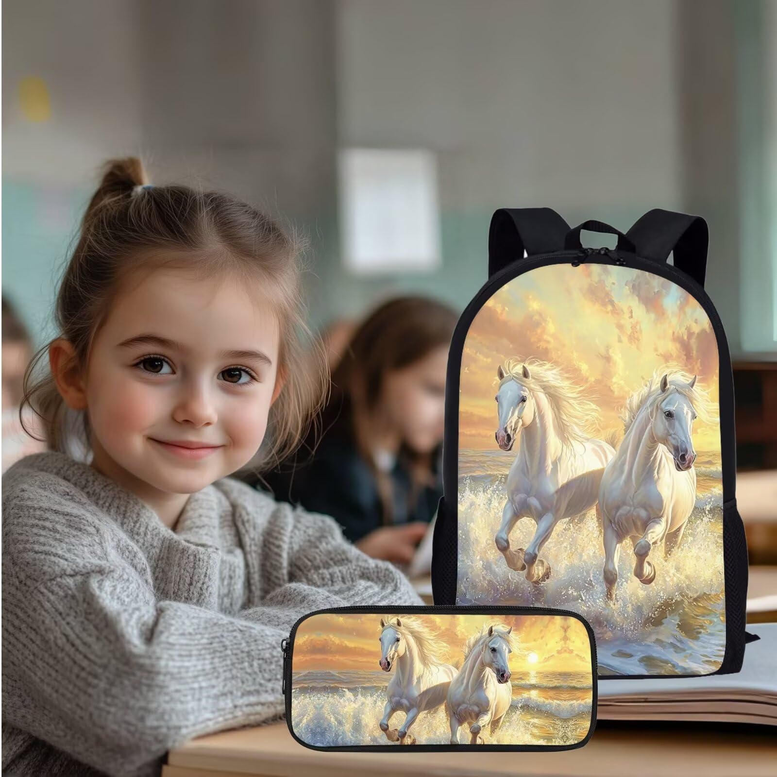 Juego de mochila escolar y bolsa de almuerzo para niños, con estuche para lápices, funda para botella de agua, Caballo blanco, Talla única