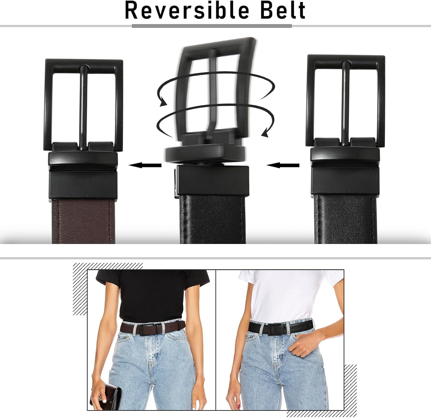 AWAYTR Reversible Leather Belt for Women - Two Color-in-One Belt for Jeans Dress Women Men Belt with Rotated Buckle - Image 4