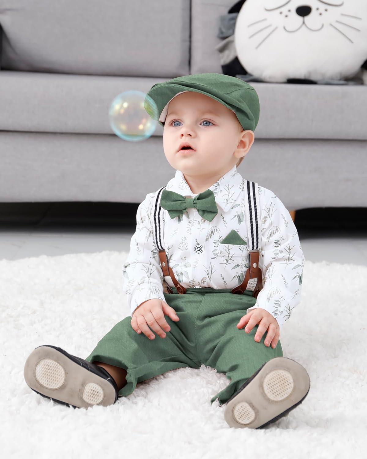 WESIDOM Baby Boy Clothes 0-18M Newborn Infant Gentleman Outfit, Shirt+Bowtie+Beret+Suspender Pant Baby boy Suit Clothing Set - Image 2