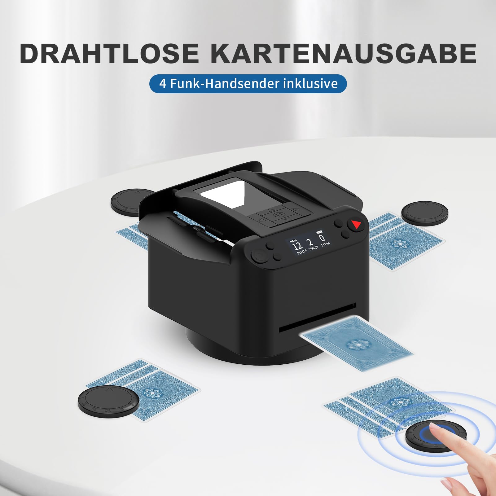 Automatischer Kartenmischer und Austeiler 2-in-1, unterstützt 1-2 Decks, 360° Rotation für 1-12 Spieler, inklusive 4 Fernbedienungen, ideal für Poker, Bridge, Rommé, Zubehör für Familienabende