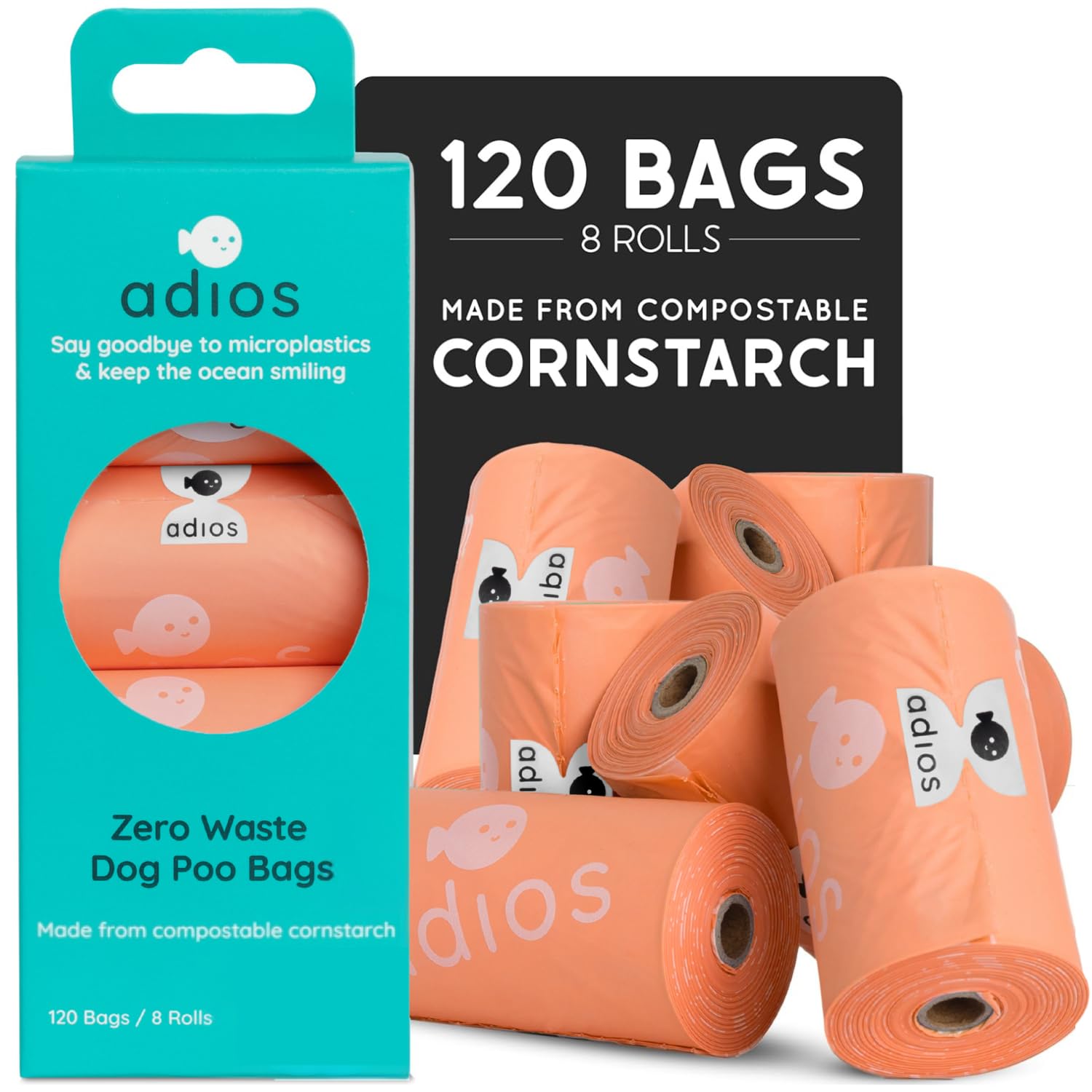 Adios Plastic Coral Pink Adios - Compostable Dog Poop Bags, 120 Count (8 Rolls) - Coral Colour - Extra Thick, Leakproof, Odour Proof Dog Waste Bags - Made From Compostable Cornstarch - Easy Tear Rolls