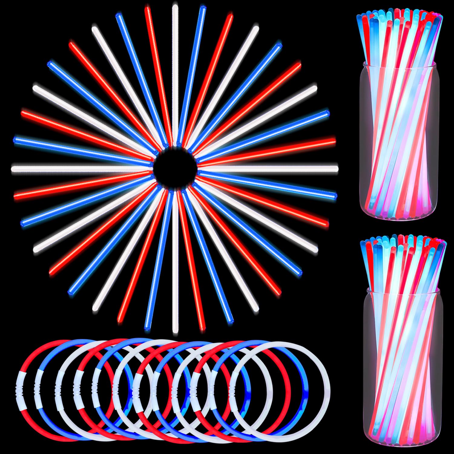 CAMIRUS Lot de 100 bracelets phosphorescents patriotiques de 20,3 cm - Rouge, blanc et bleu - Bâtons lumineux dans le noir - Fournitures de fête pour fêtes patriotiques