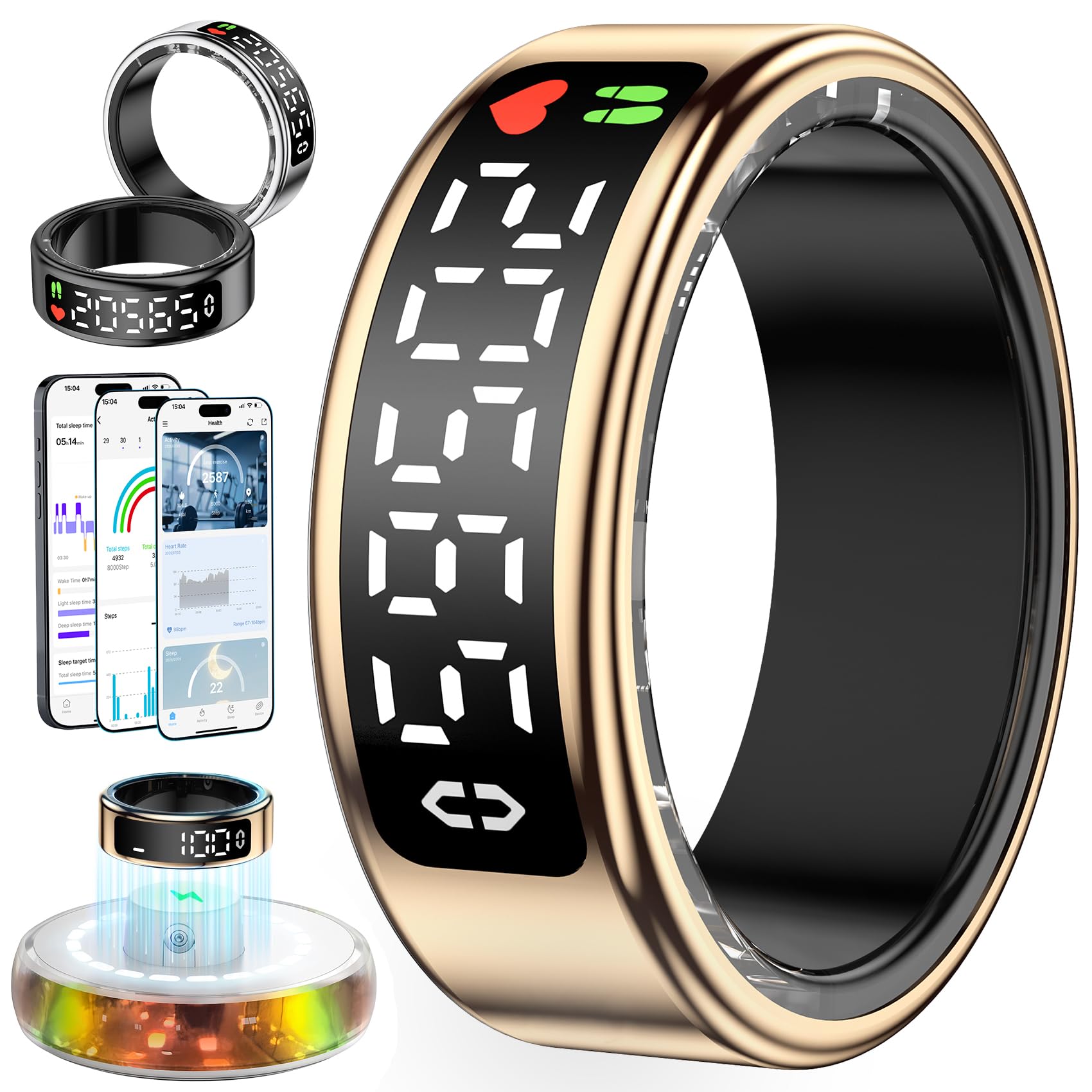 Gwenland Smart Ring für Damen Herren, Smartringe mit LED Anzeige, Fitness Tracking Ring IP68, Schlaf Health Ring, Gesundheitsring mit Android/iOS,Schrittzähler/Herzfrequenz/SpO2/Aktivitätstracker