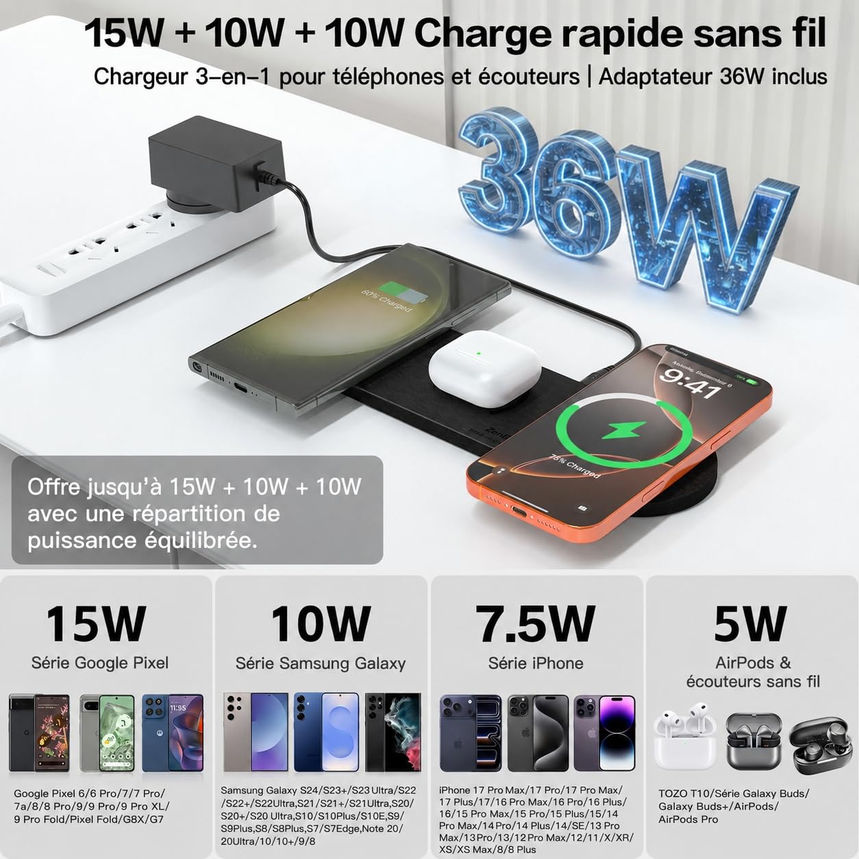 Zealsound 3-en-1 Chargeur Induction, Rapide Chargeur Sans Fil, 36W Prise UE