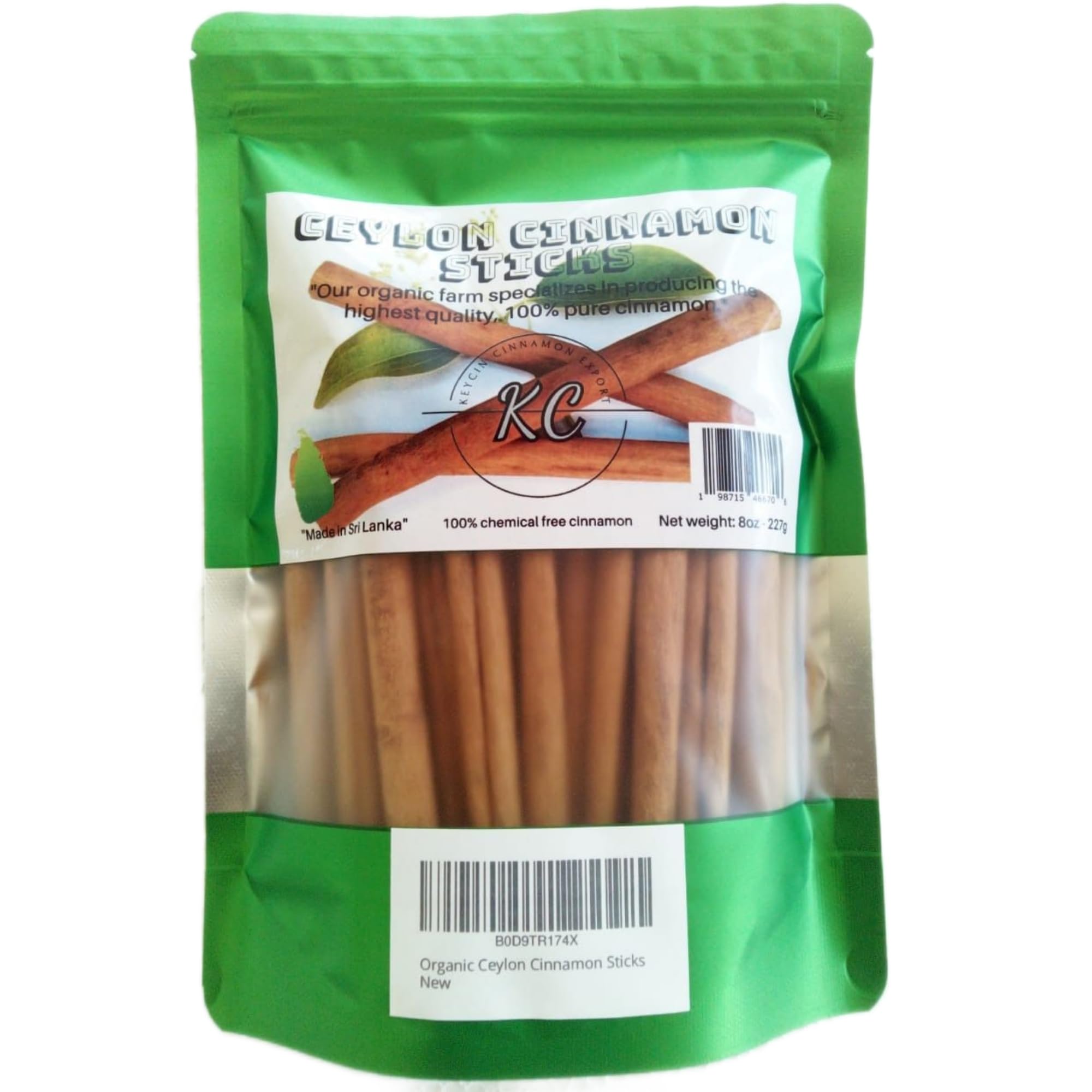 8 oz of organic Ceylon cinnamon sticks, 5 inches long, chemical-free, and 100% natural. These are premium quality true cinnamon (Cinnamomum verum)