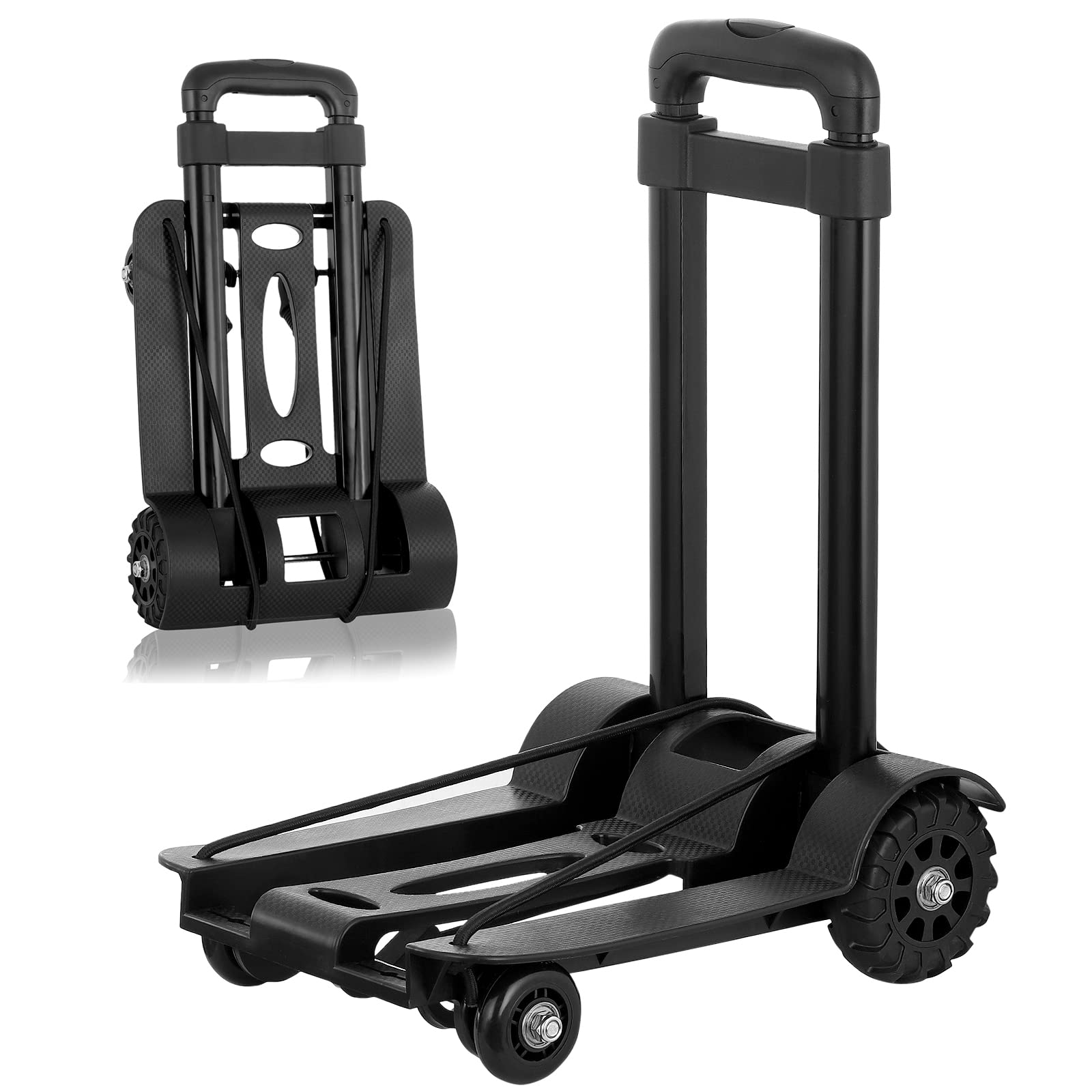 Hanstore Black Folding Hand Truck, 40Kg/88Lbs Capacity, Heavy Duty Wear-Resistant Pp Tank Wheels And Adjustable Iron Drawbar, Lightweight Trolley Cart With Binding Belt For Luggage Travel Auto Moving Office