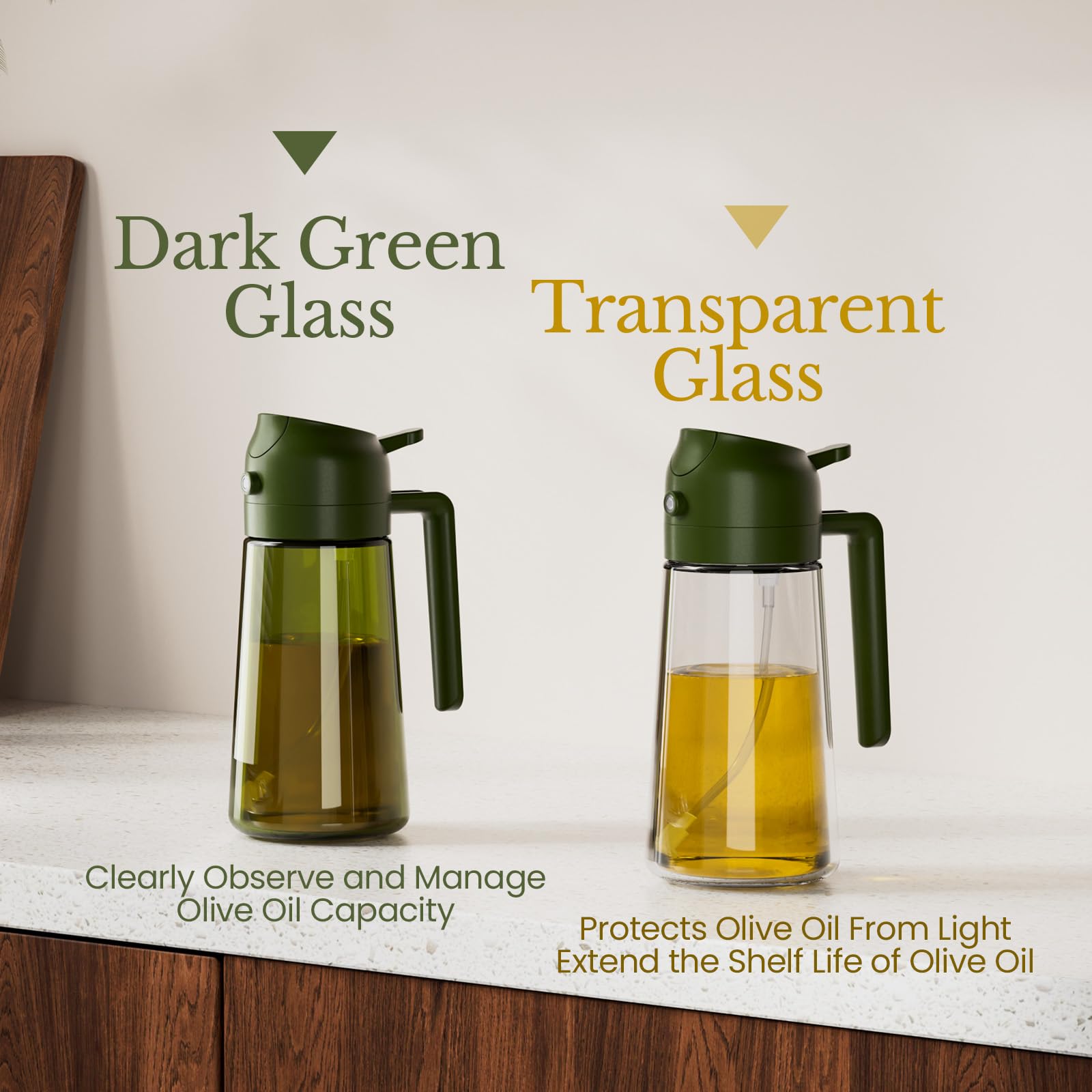 YARRAMATE 4er-Pack Olivenölzerstäuber zum Kochen, 16 oz Glas-Öldosierer-Set mit UV-geschütztem Dunkelglas, 2-in-1-Ölsprüher für Heißluftfritteuse, ästhetische Küchenhelfer & Geschenkset