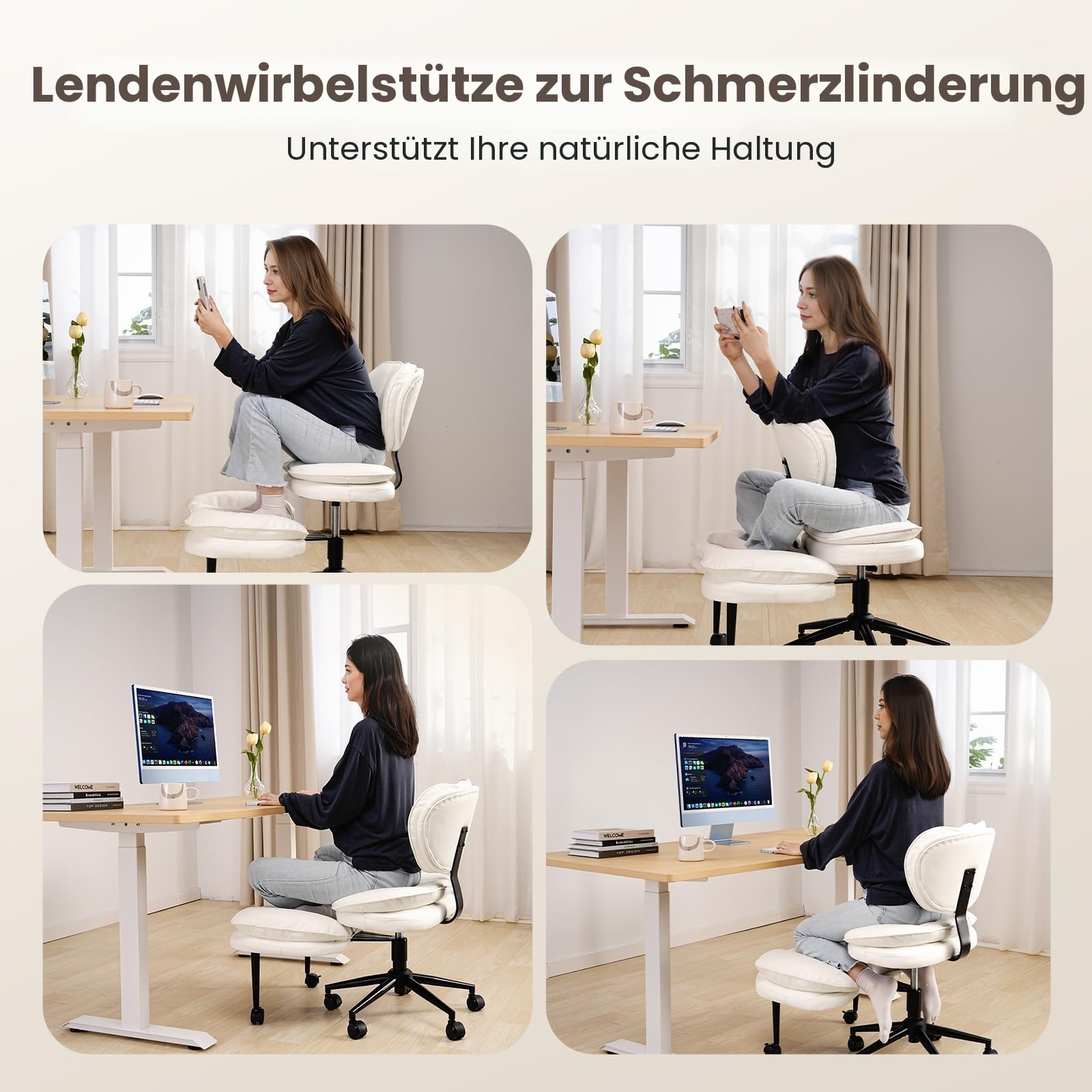 HOMRELEXA Bürostuhl mit Kreuzbeinen, 360° drehbar, Ergonomischer Kniestuhl, Criss Cross Schreibtischstuhl mit Verstellbarer Höhe, ADHS-Meditationsstuhl mit Rückenstütze, Cloud PU-Leder, Reinweiß