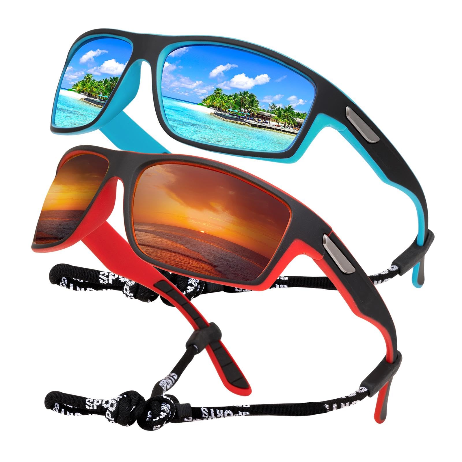 SKYWAY Polarised Sports Sunglasses for Men, Fishing Golf Hiking Running Cycling Glasses UV Protection Wrap Around Unbreakable Lightweight Sun Glasses Blue/Red