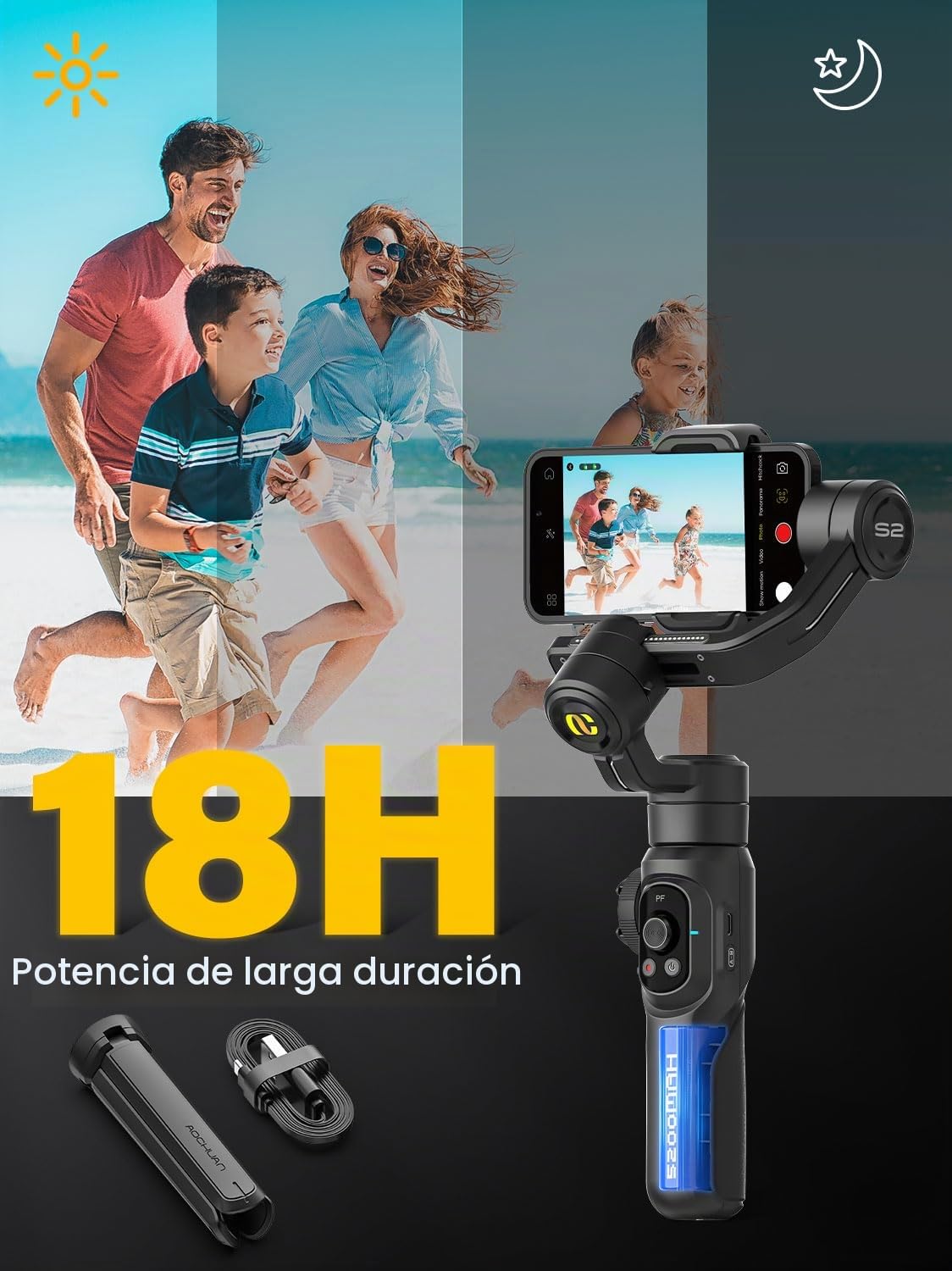 Estabilizador de cardán para teléfono inteligente, extensión incorporada de 18cm&luz de relleno, estabilizador de seguimiento de rostros&objetos, cardán de 3 ejes para iPhone &Android-AOCHUAN Smart S2