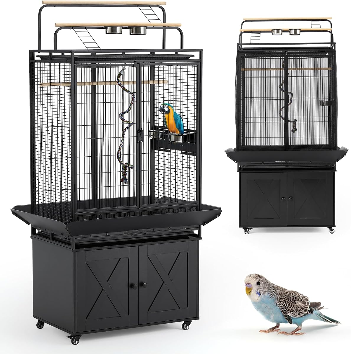70" Large Bird Cage with Play Top, Metal Parrot Cage with Storage Cabinet | Tall Big Bird Flight Cage with Pull-Out Tray, Feeders, Cover, Stand, Rope, Aviary for Macaw Parakeet Cockatiel Budgie, Black