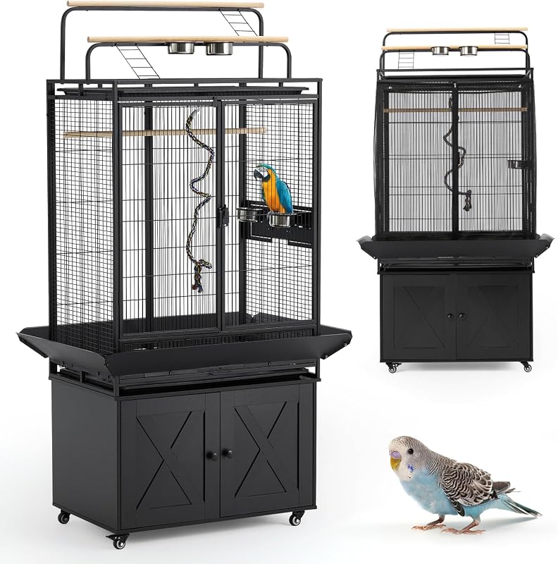 70" Large Bird Cage with Play Top, Metal Parrot Cage with Storage Cabinet | Tall Big Bird Flight Cage with Pull-Out Tray, Feeders, Cover, Stand, Rope, Aviary for Macaw Parakeet Cockatiel Budgie, Black
