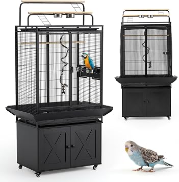 70" Large Bird Cage with Play Top, Metal Parrot Cage with Storage Cabinet | Tall Big Bird Flight Cage with Pull-Out Tray, Feeders, Cover, Stand, Rope, Aviary for Macaw Parakeet Cockatiel Budgie, Black