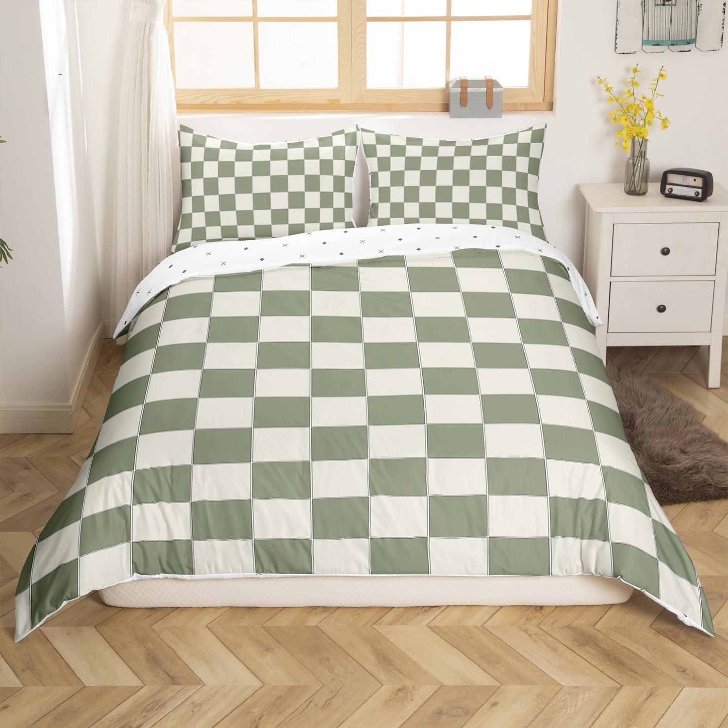 Plaid Comforter Cover Single Beige Sage Green Checkerboard Duvet Cover Geometric Checkered Bedding Set for Kids Boys Girls Aesthetic Grid Quilt Cover Modern Room Decor 2 Pcs - Image 2