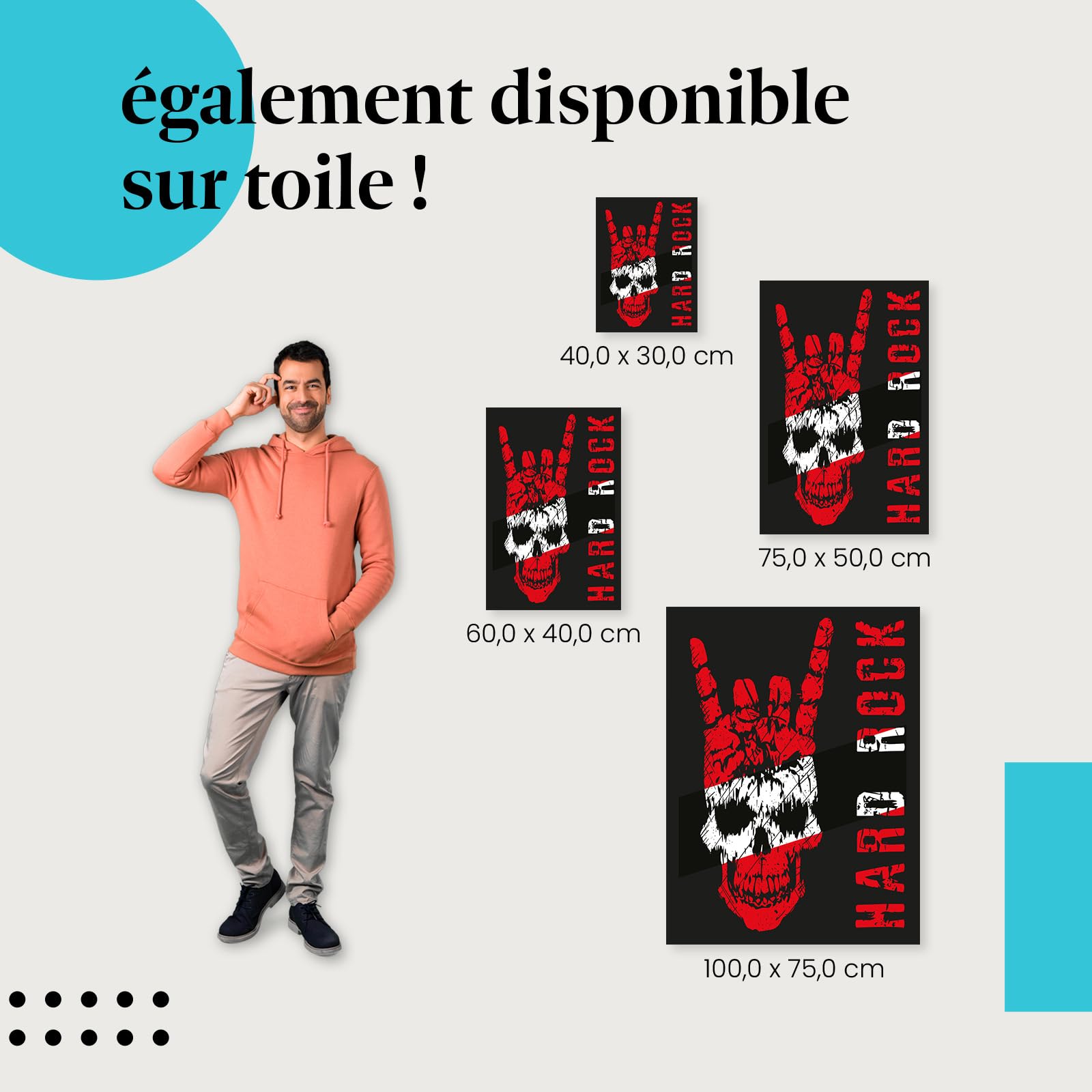 Postereck - 2378 - Impression Rétro Hard Rock Crâne Tête de Mort Rouge – Art Mural, Musique, Grunge, Vintage - toile - 100,0 cm x 75,0 cm