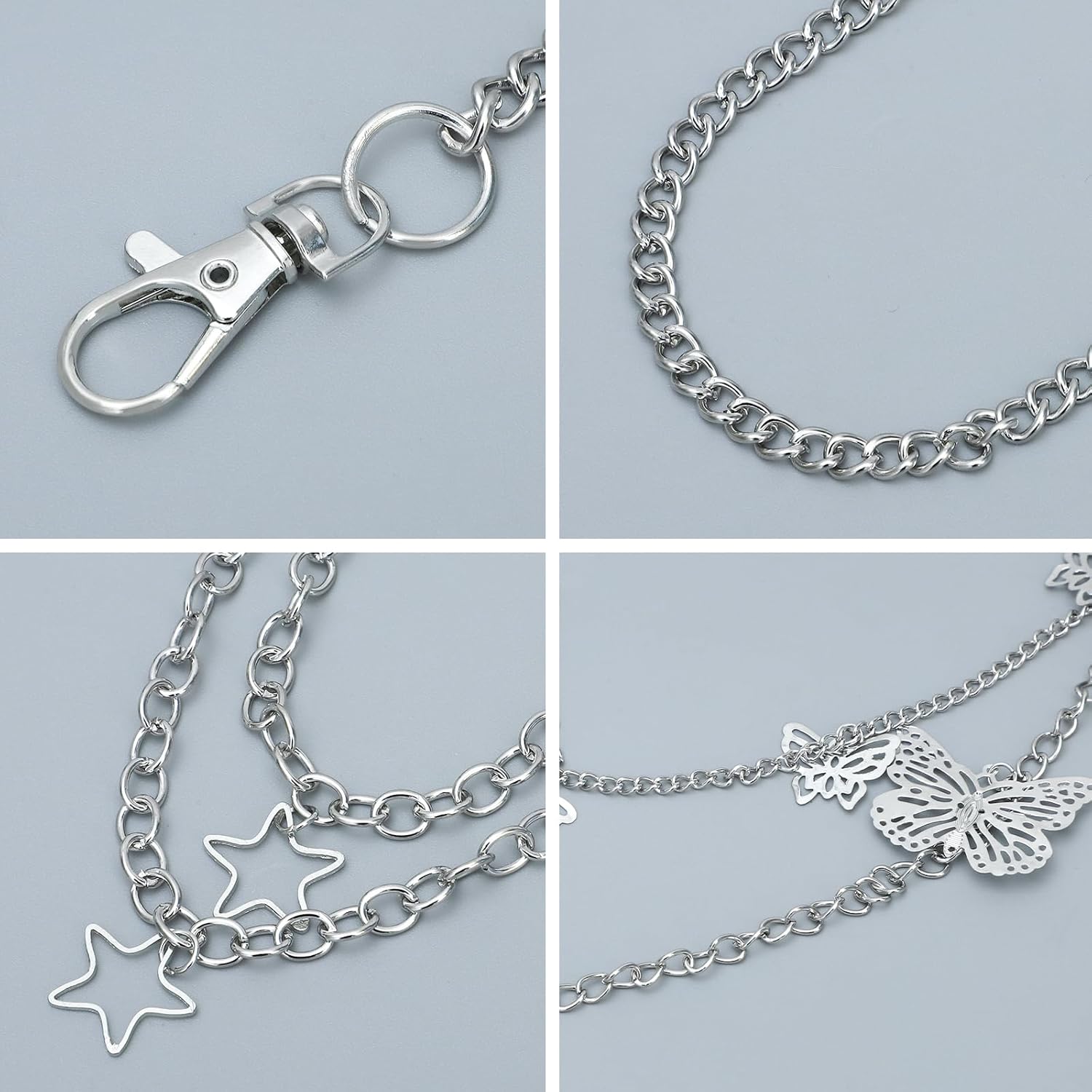 NEWITIN 6 Pieces Pants Chain Punk Jean Chains Metal Belt Chain Silver Multi Layer Pocket Wallet Key Chains Goth Accessories for Women Men - Image 4