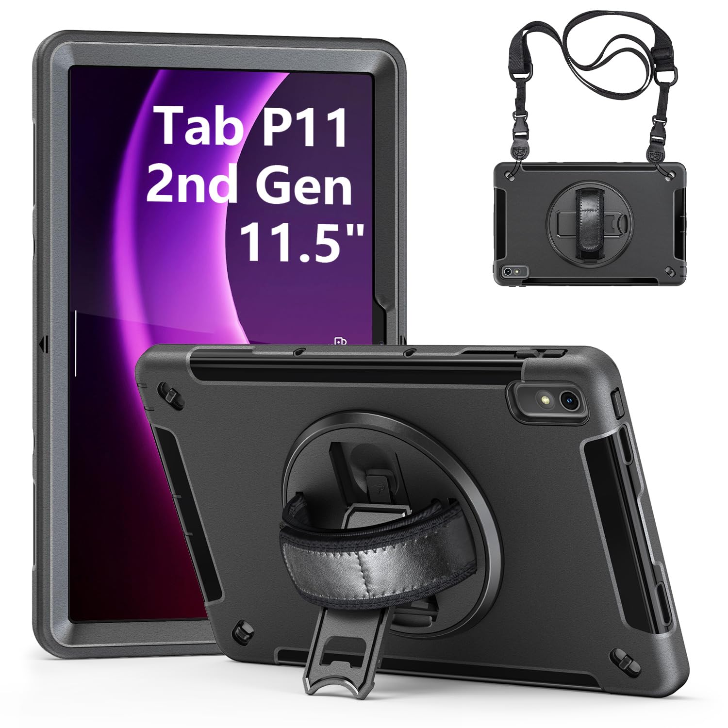 Gerutek Hülle für Lenovo Tab P11 2nd Gen 11,5 Zoll 2023, Stoßfeste Robuste Schutzhülle mit Drehbar Stände Handschlaufe Schultergurt, Panzerhülle für Lenovo Tab P11 Gen 2 (TB-350FU/TB-350XC), Schwarz