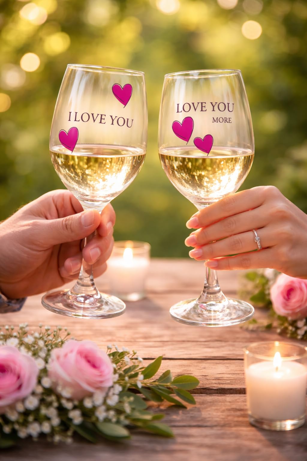 Love You More Wine Glass - Set of 2 Glasses with Pink Decorative Hearts - His and Her Romantic Glassware
