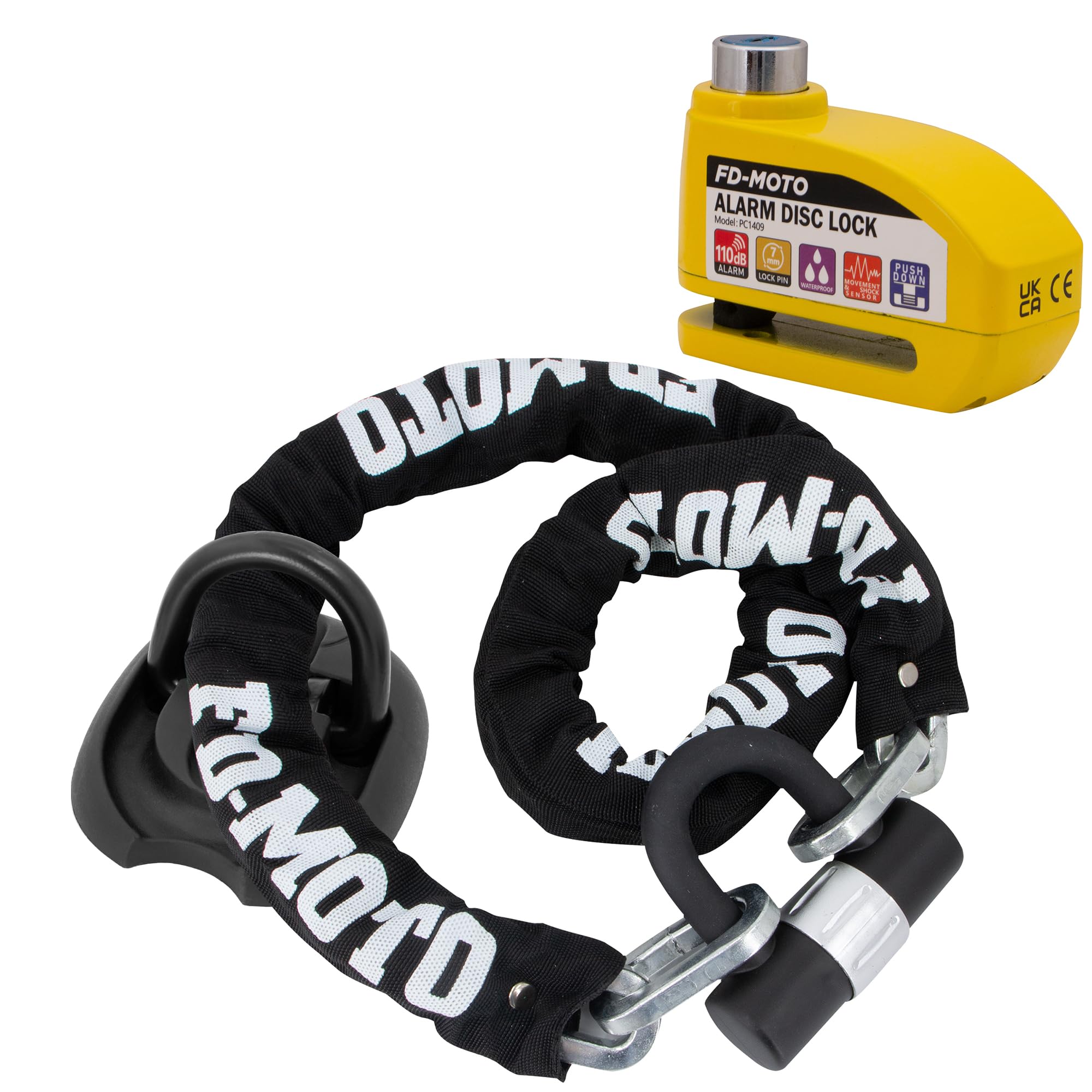 FD-Moto 1.2M Chain Pad Lock & Motorbike Ground Anchor & Yellow Alarm Brake Disc Lock
