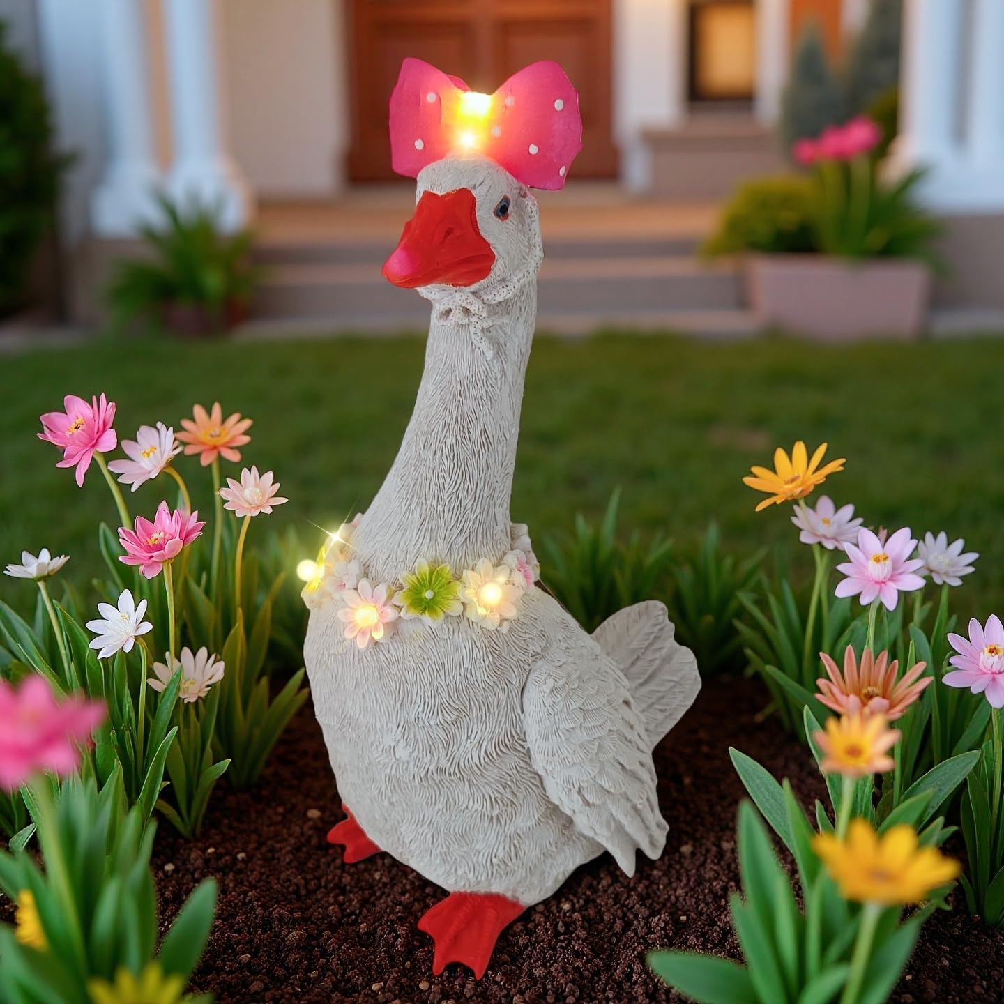 Solar Porch Goose Statue with Glowing Goose Outfits, 12 inch Resin White Goose Customizable Outdoor Garden Decor, Funny Duck Sculptures for Garden Stairs, Farm, Yard, Patio, Lawn, Easter Mom Gifts