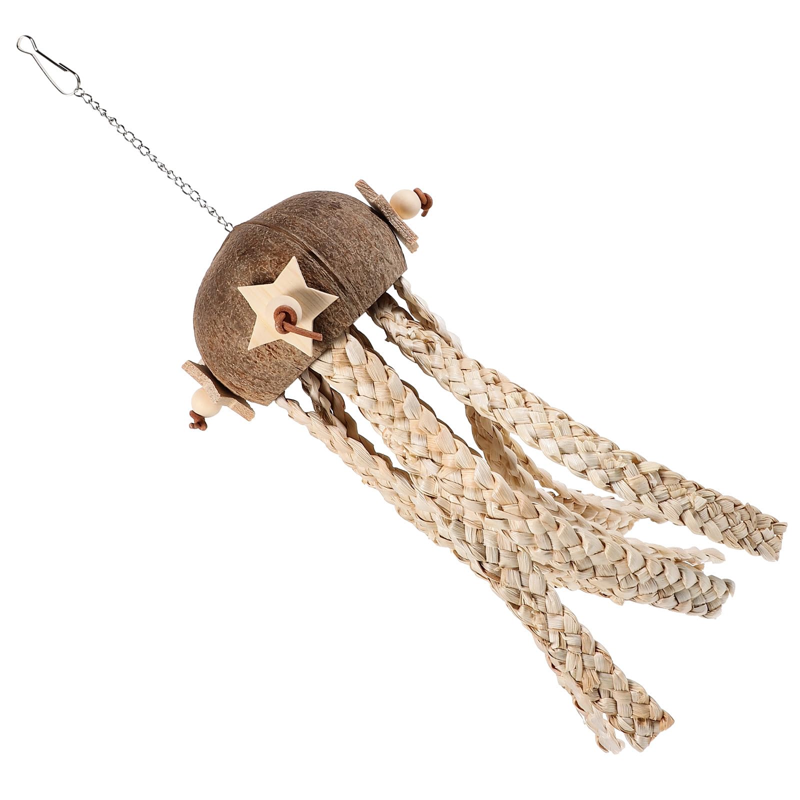 Generic Natural Coconut Shell for Safe Chewing Parrot Foraging with Tassel Design and Shredding Feature, Khaki Hanging Bird Cage and Interactive Play
