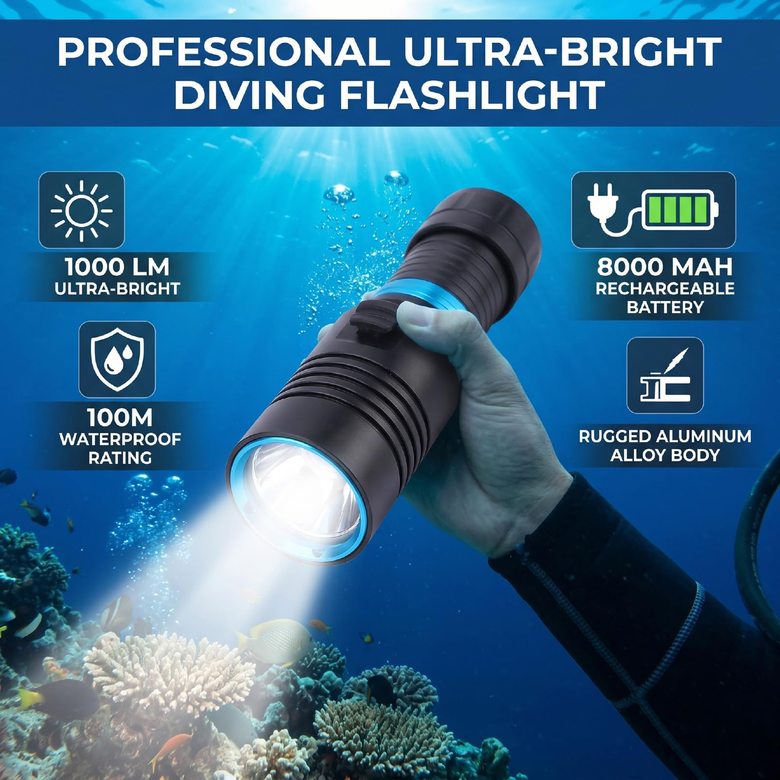 Sxhlseller Torcia Impermeabile Sommergibile 1000lm |Torcia Subacquea Ricaricabile con Impugnatura Antiscivolo per Immersioni Subacquee all'aperto 100 M