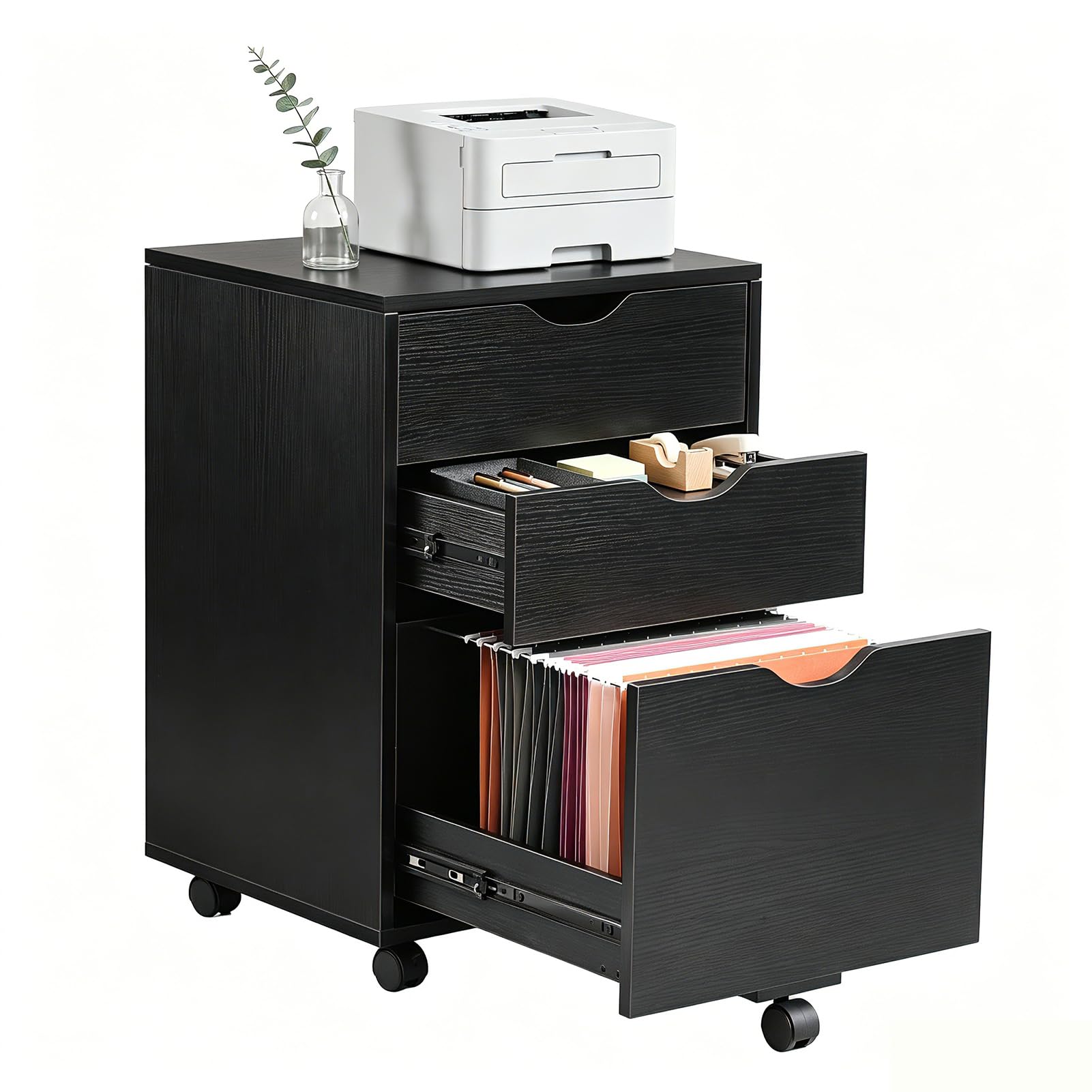 HollyHOME Mobile Filling Cabinet with 3-Drawer, Wood Desk Drawers on Wheels Rolling Printer Stand, Hanging Files Cabinet for Home Office Storage, Black