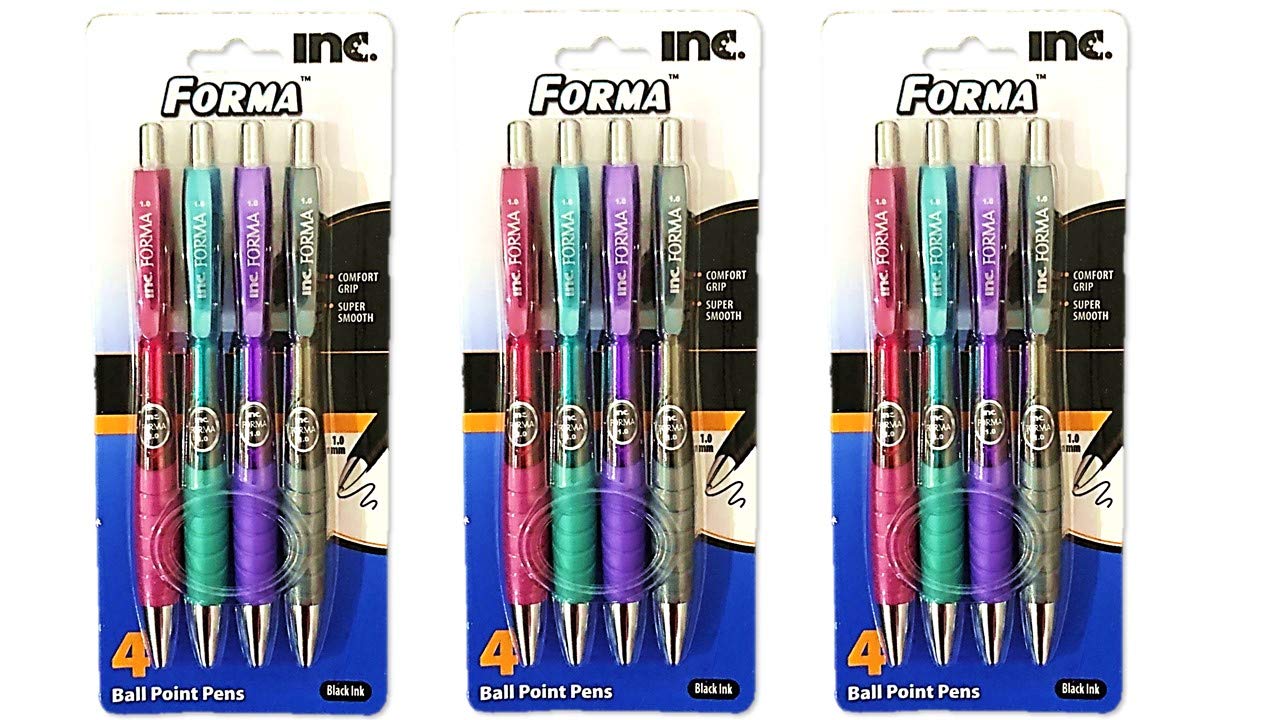 Inc. Forma Ball Point Pens, Black Ink, 4 Per Pack, 3 Packs, 12 Count Total