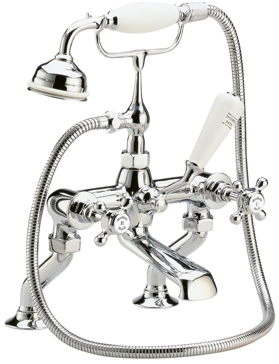 Hudson ReedBC304HX Topaz Traditional Bathroom Deck Mounted Bath Mixer with Shower Kit, Crosshead Handles and Hexagonal Collars, 320mm x 350mm, Chrome/White, Tap, Set of 5 Pieces