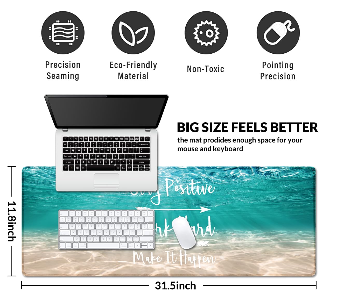 Alfombrilla de mouse extendida con bordes cosidos para computadora y teclado, 31.5 x 11.8 pulgadas, alfombrilla de mouse de escritorio – Stay Positive Work Hard Pink Glitter