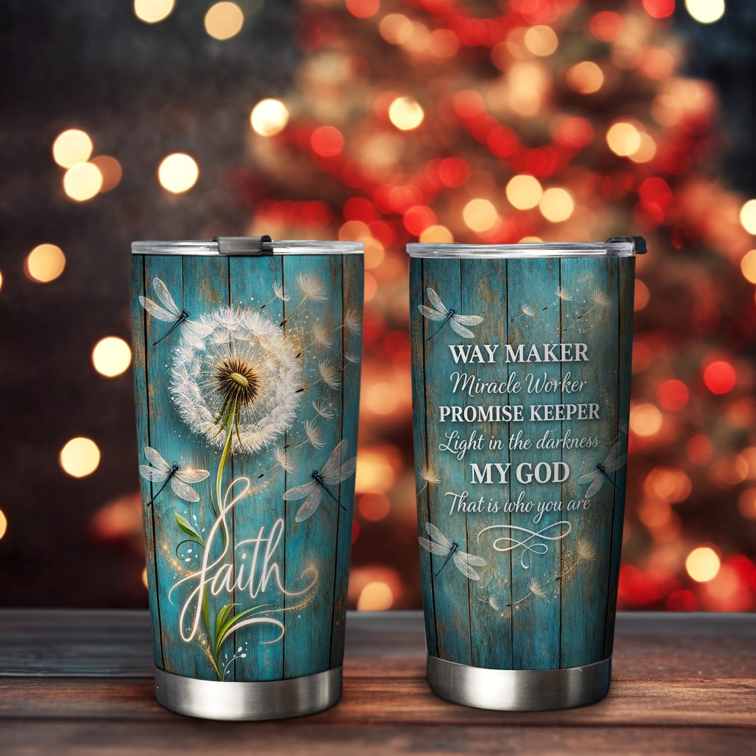 20oz Dandelion Dragonfly Faith Tumbler, Way Maker Miracle Worker Promise Keeper, Religious, Christian Gifts for Women, Stainless Steel Double Wall Vacuum Insulated Coffee Mug, Travel Cup with Lid