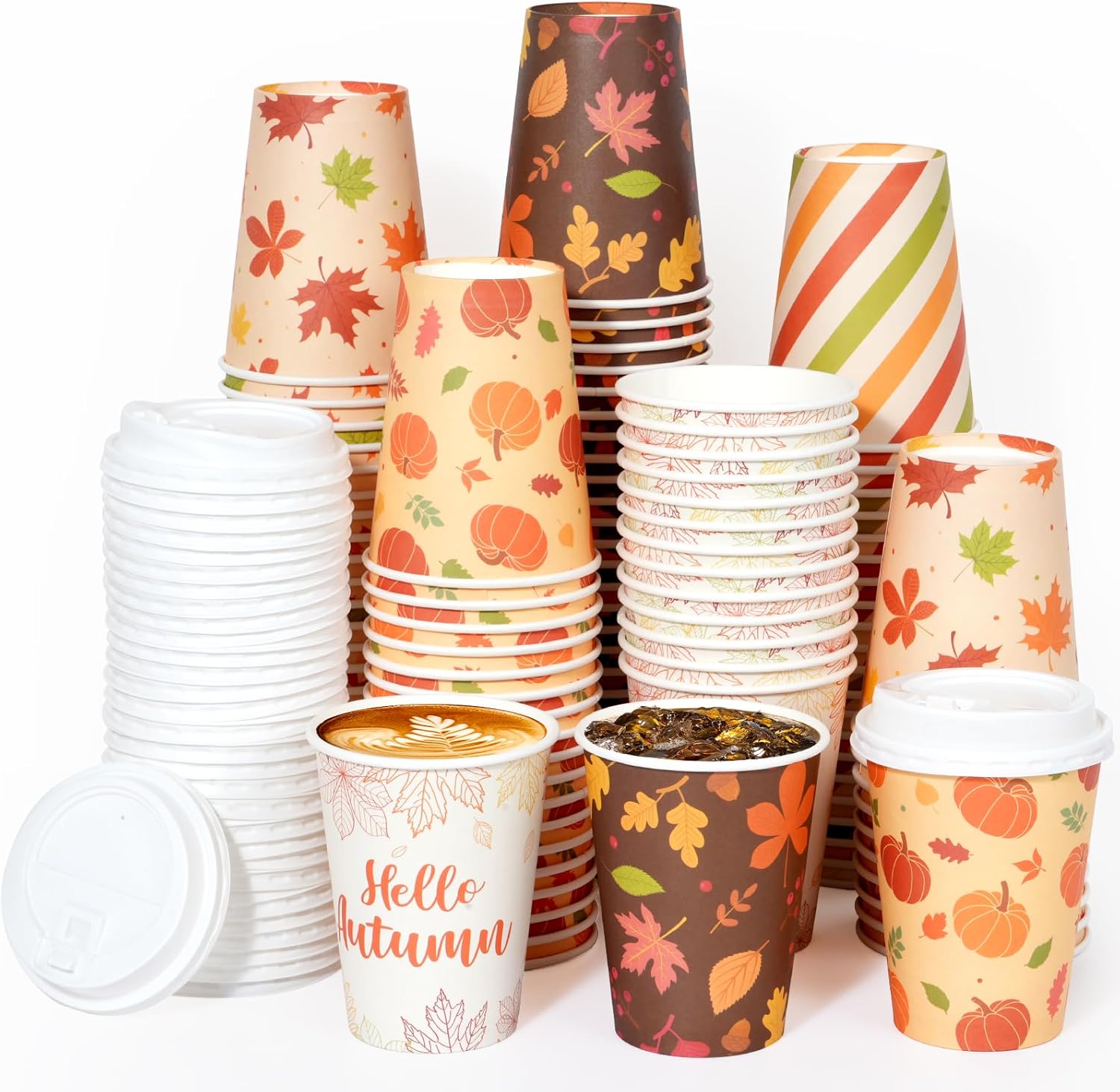 200pcs 12oz Fall Coffee Cups With Lids Disposable Pumpkin Maple Leaves Paper To Go Cup For Hot Cold Coffee Beverage Juice And Fall Thanksgiving Party Decoration Supplies,5 Designs