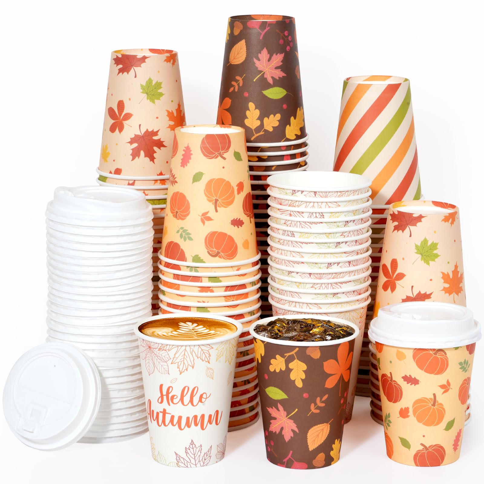 Hallswl 200pcs 12oz Fall Coffee Cups With Lids Disposable Pumpkin Maple Leaves Paper To Go Cup For Hot Cold Coffee Beverage Juice And Fall