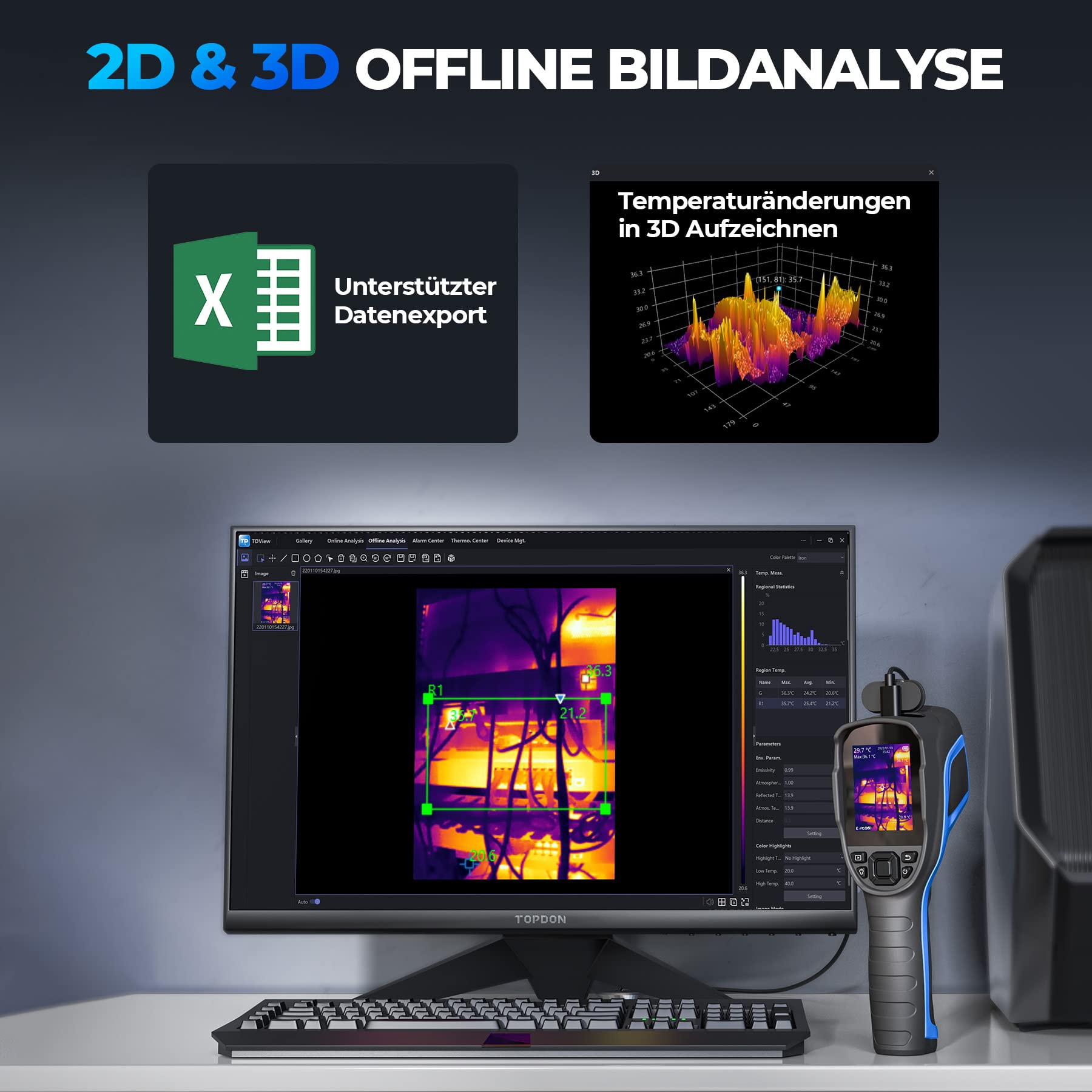 TOPDON TC004 Wärmebildkamera, 320x240 TISR Auflösung Infrarot Kamera, 12 Stunden Akkulaufzeit Thermal Camera mit Videoaufzeichnung und PC-Analyse, 16GB SD-Karte, Temperaturbereich –20°C bis +350°C