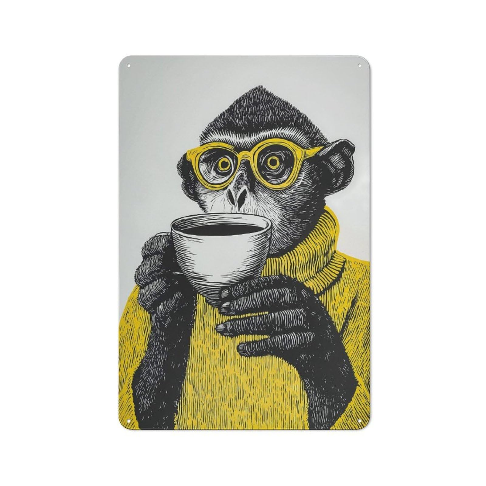 Junmoney Style-18 Monkey With Coffee And Glasses Classic Metal Wall Decor 30X20cm, Metal Sign For Cafe, Pub, Workshop Or Home Bar, Small Accent For Blank Walls