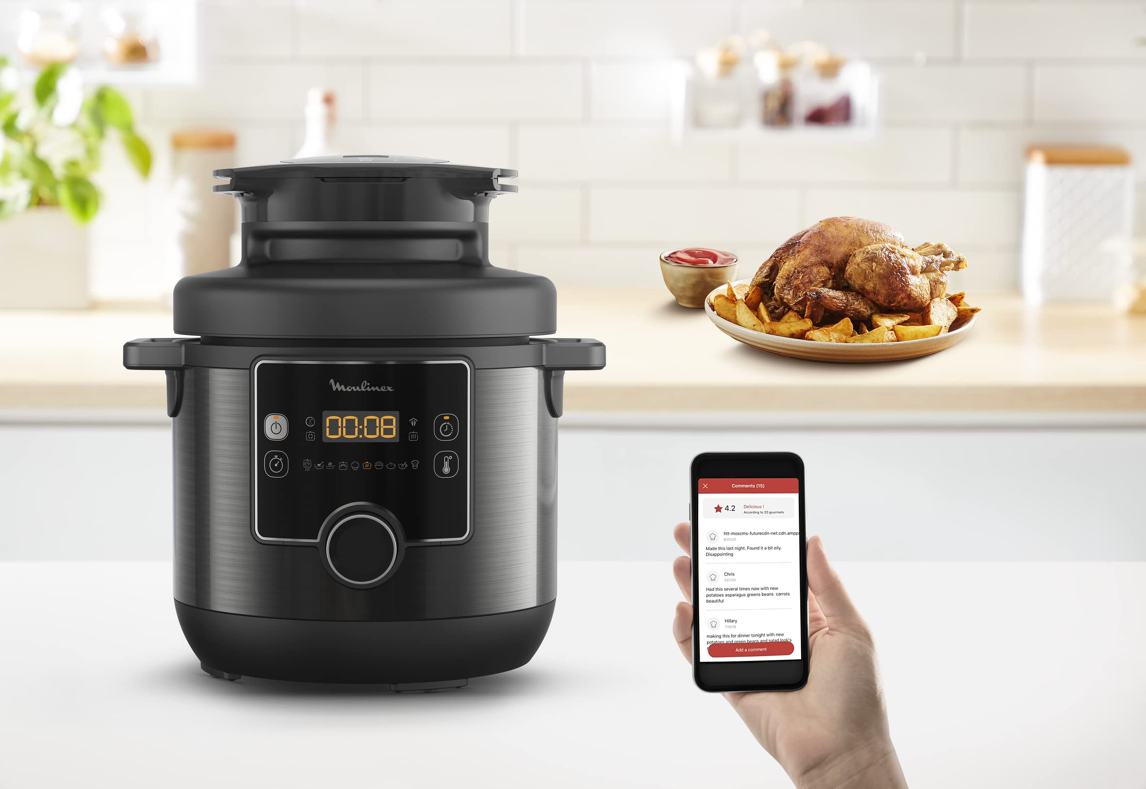 Moulinex CE7788 Turbo Cuisine et Fry Multicuiseur, Couvercle Turbo-Crisp multifonction, 15 programmes automatiques, Cuisson sous pression, Application, Louche incluse, Noir