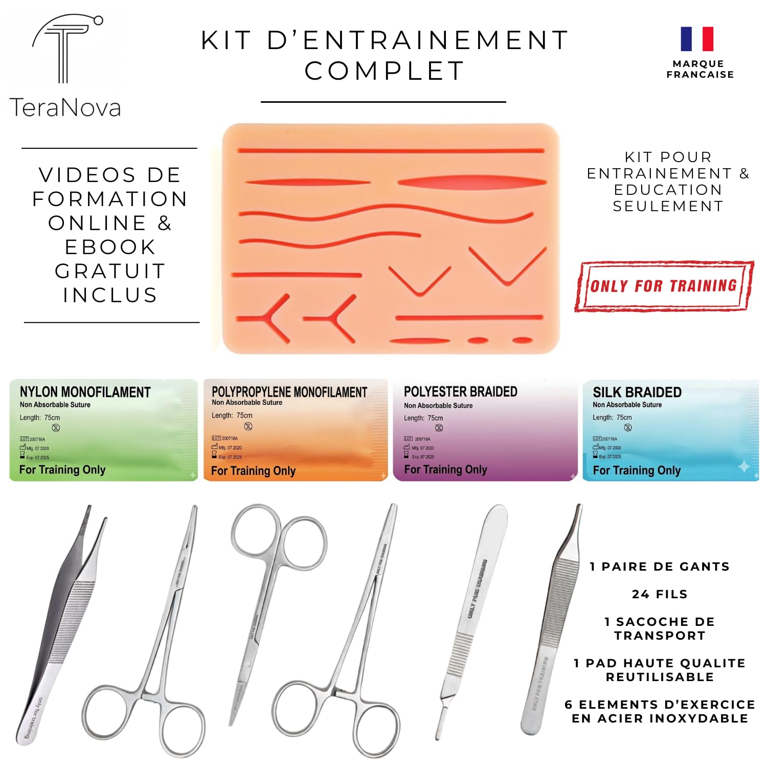 Kit entraînement suture geste technique étudiant, kit pédagogique, kit d’entraînement complet avec 6 outils et 24 fils, simulateur réutilisable, cours vidéo et eBook inclus